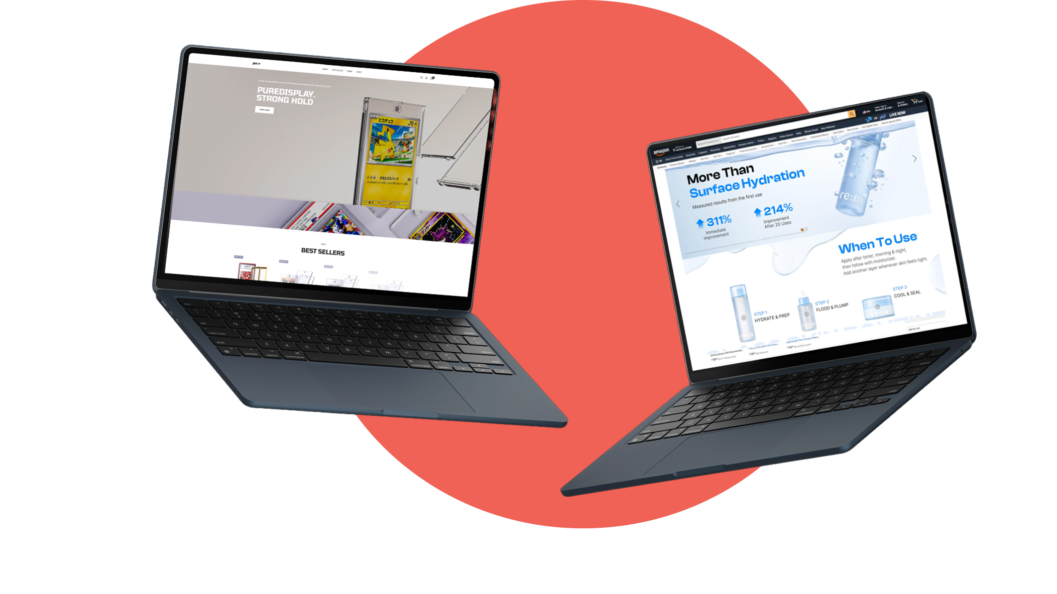 Two open laptops floating with screens facing forward against an orange circle background, displaying a website with a Pokémon card and another showing skincare product details and usage instructions.
