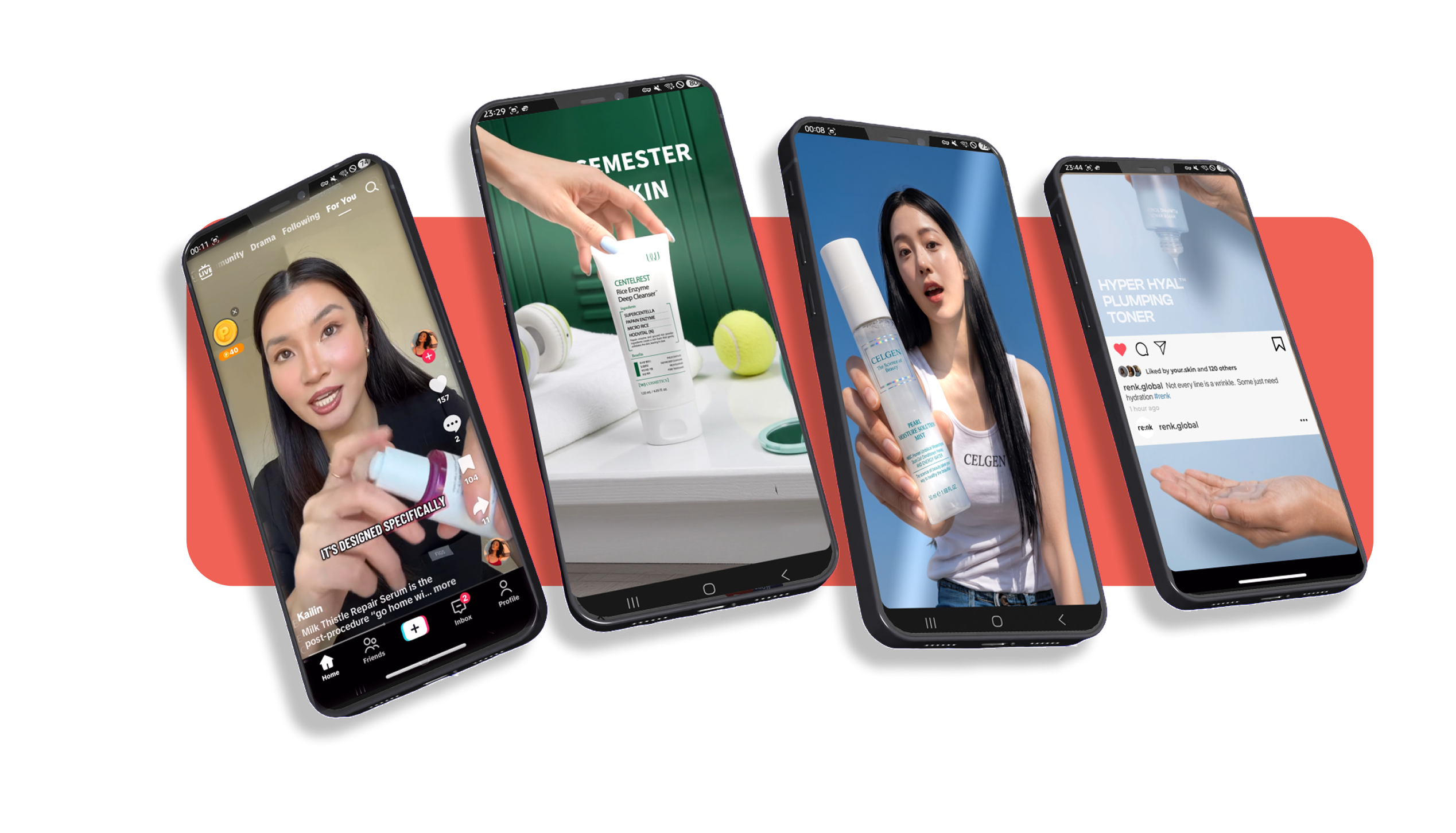 Four smartphones display promotional content for skincare products including a woman demonstrating a serum, a hand holding a tube of Rice Enzyme Deep Cleanser, a woman presenting a bottle of Celgen Pearl Moisture Salted Mist, and a social media post showing Hyper Hyal Plumping Toner being poured onto a hand.