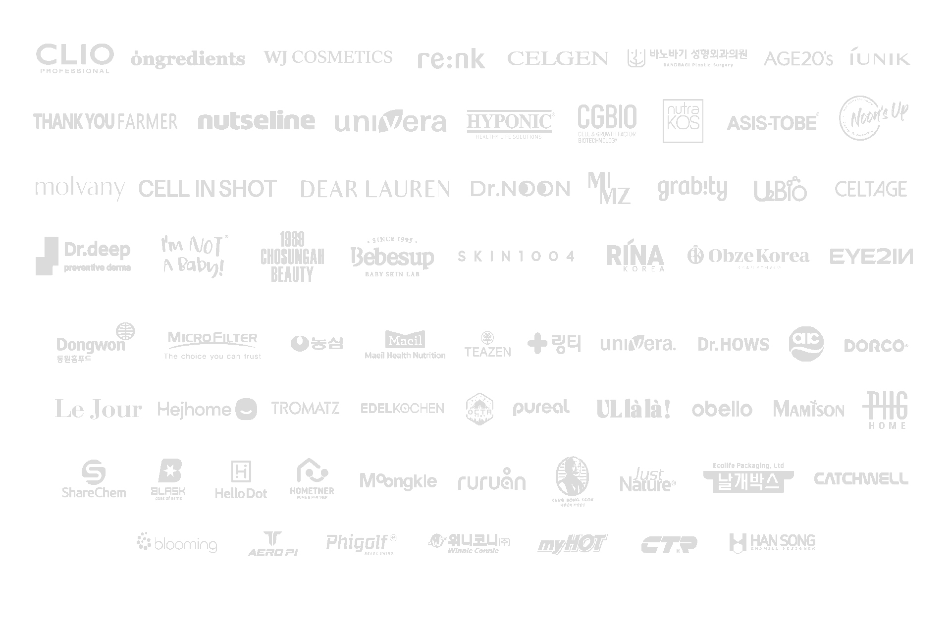 여러 브랜드 로고가 행과 열로 배치되어 있습니다. 클리오, WJ 코스메틱스, CELGEN, THANK YOU FARMER, Dr.deep, Bebesup, SKIN1004, RINA KOREA, Dongwon, Maeil, TEAZEN, 유니베라, Dr.HOWS, 농심, MAMISON, ShareChem, Hello Dot, Just Nature, blooming, PhigolF, myHOT, CTR 등 다양한 업체 로고가 포함되어 있습니다.