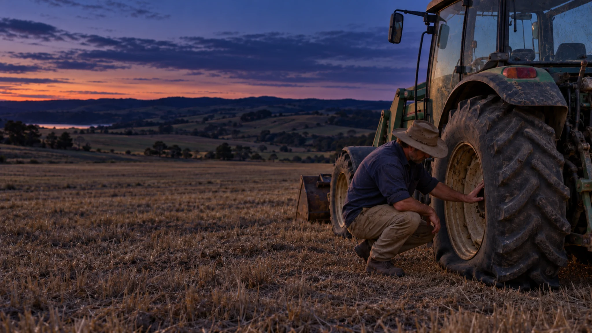 Worker repairing a tractor tyre on a rural property.