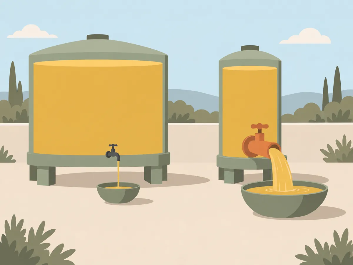 A large tank with a thin pipe beside a smaller tank with a wide pipe, showing battery capacity (kWh) versus power output (kW)