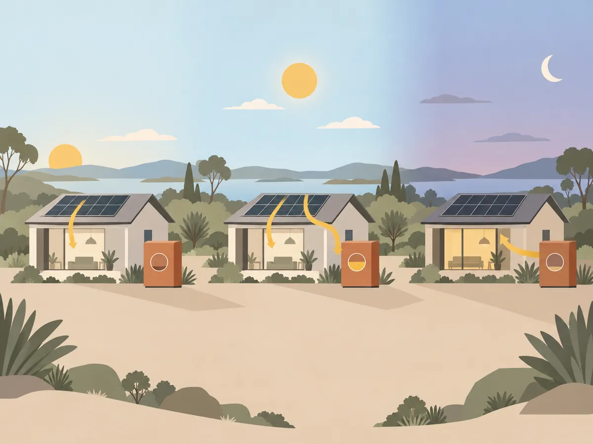 The same solar home in the morning, at midday and in the evening: the battery charges from midday solar and powers the house after dark
