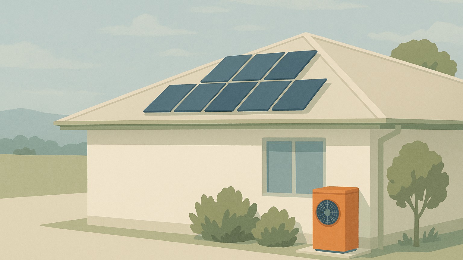 A heat pump hot water unit installed beside an Australian home with rooftop solar