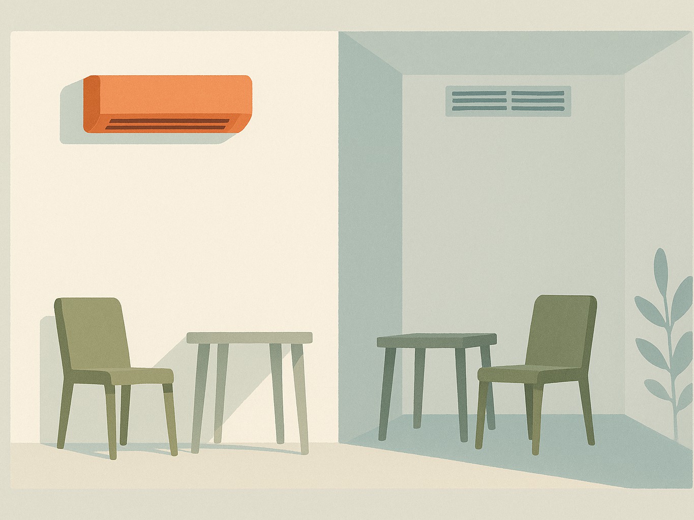 A cutaway of two rooms in a house, one cooled by a wall-mounted split system and one by a ceiling duct vent