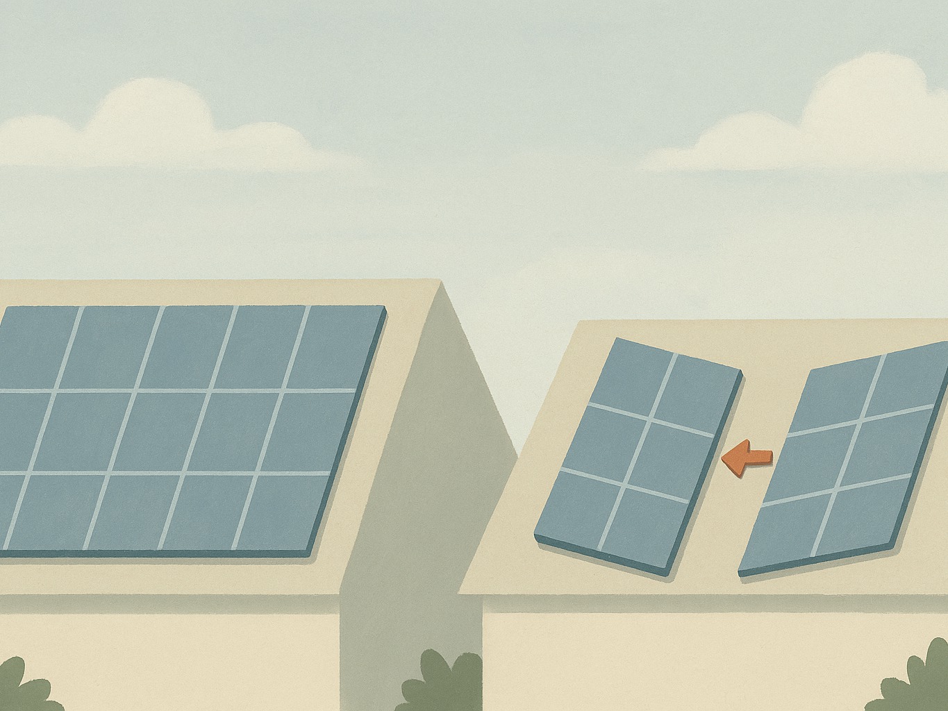 Two roof sections side by side, one with solar panels facing north and one split east and west