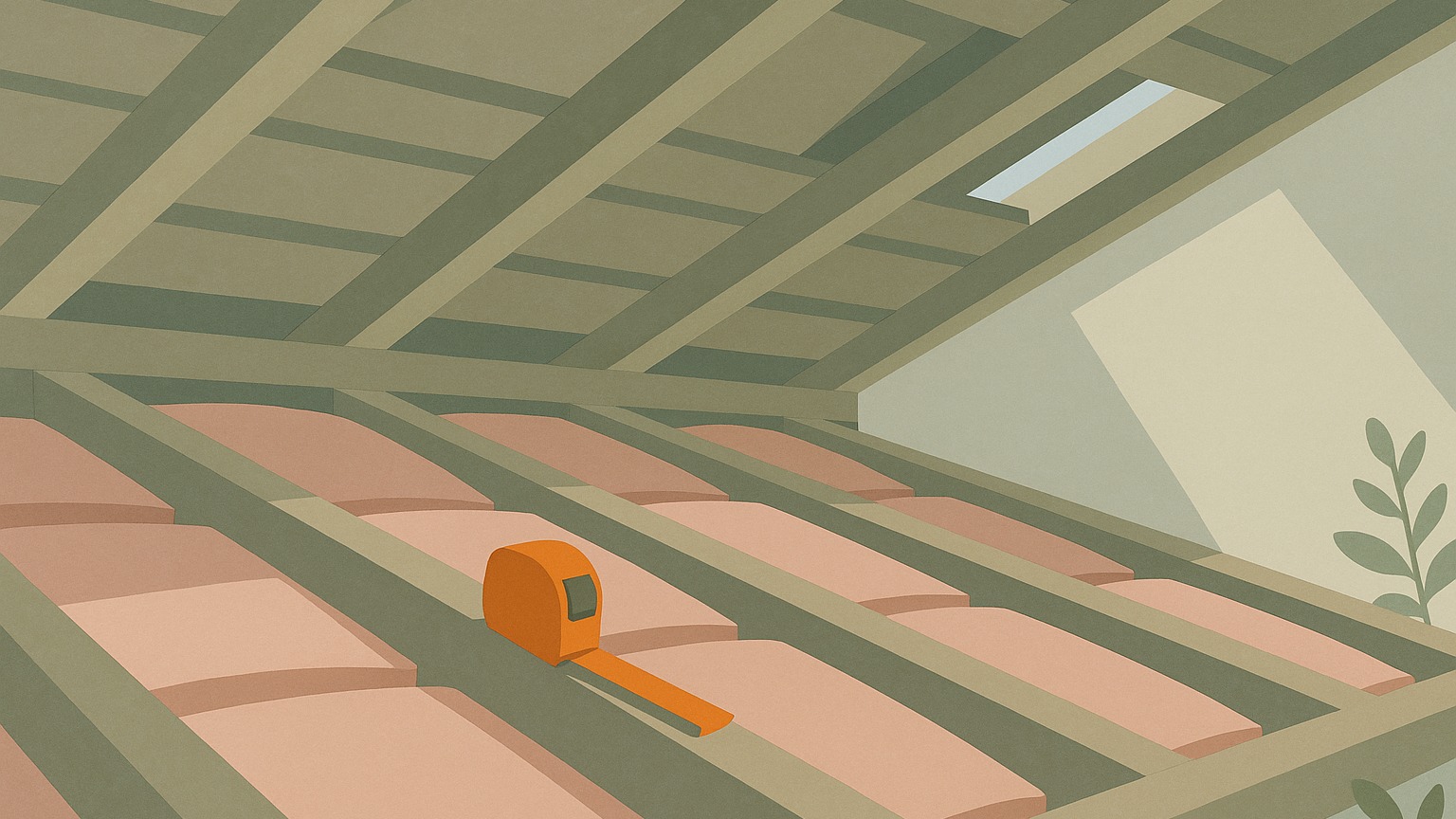 Looking up into a roof cavity at ceiling joists with insulation batts laid between them