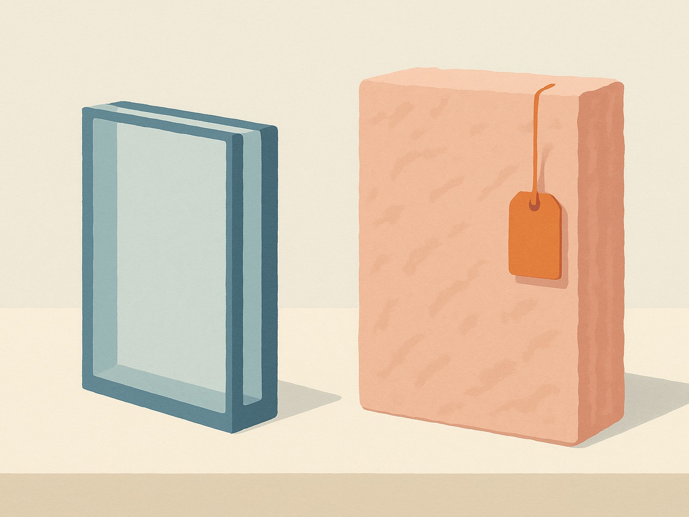 A small pane of double-glazed window glass and a batt of ceiling insulation standing side by side, with a price tag on the insulation