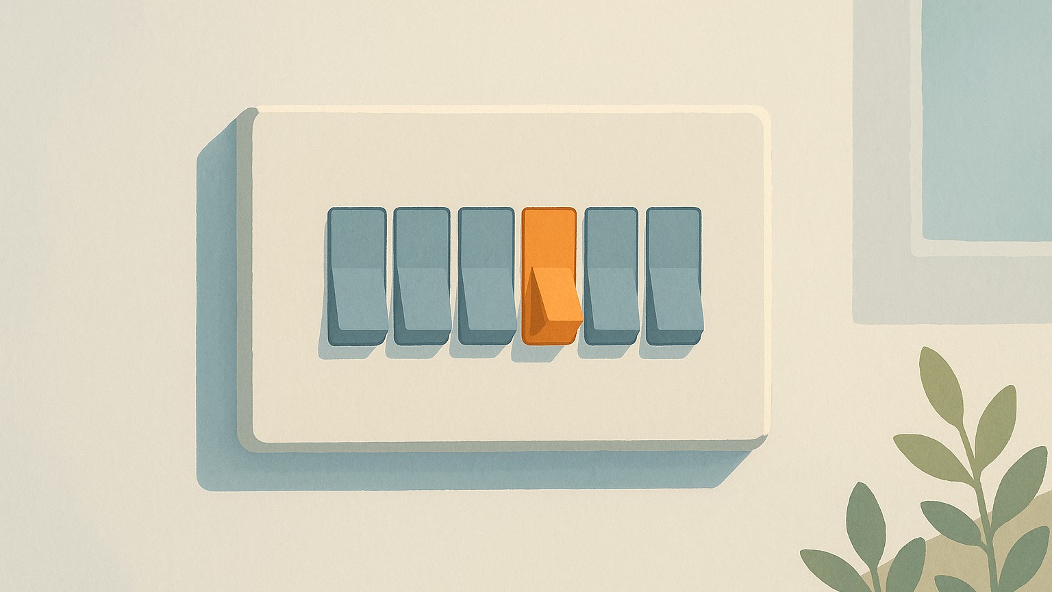 A close view of a home electrical switchboard on an interior wall, with one switch highlighted