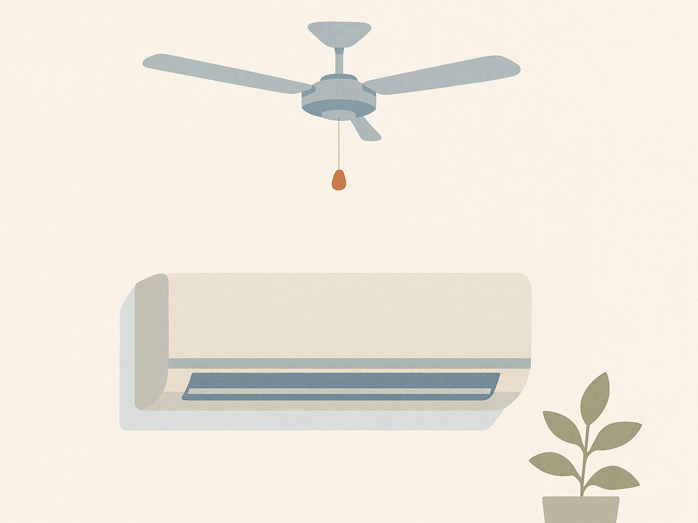 A ceiling fan and a split-system air conditioning unit shown side by side