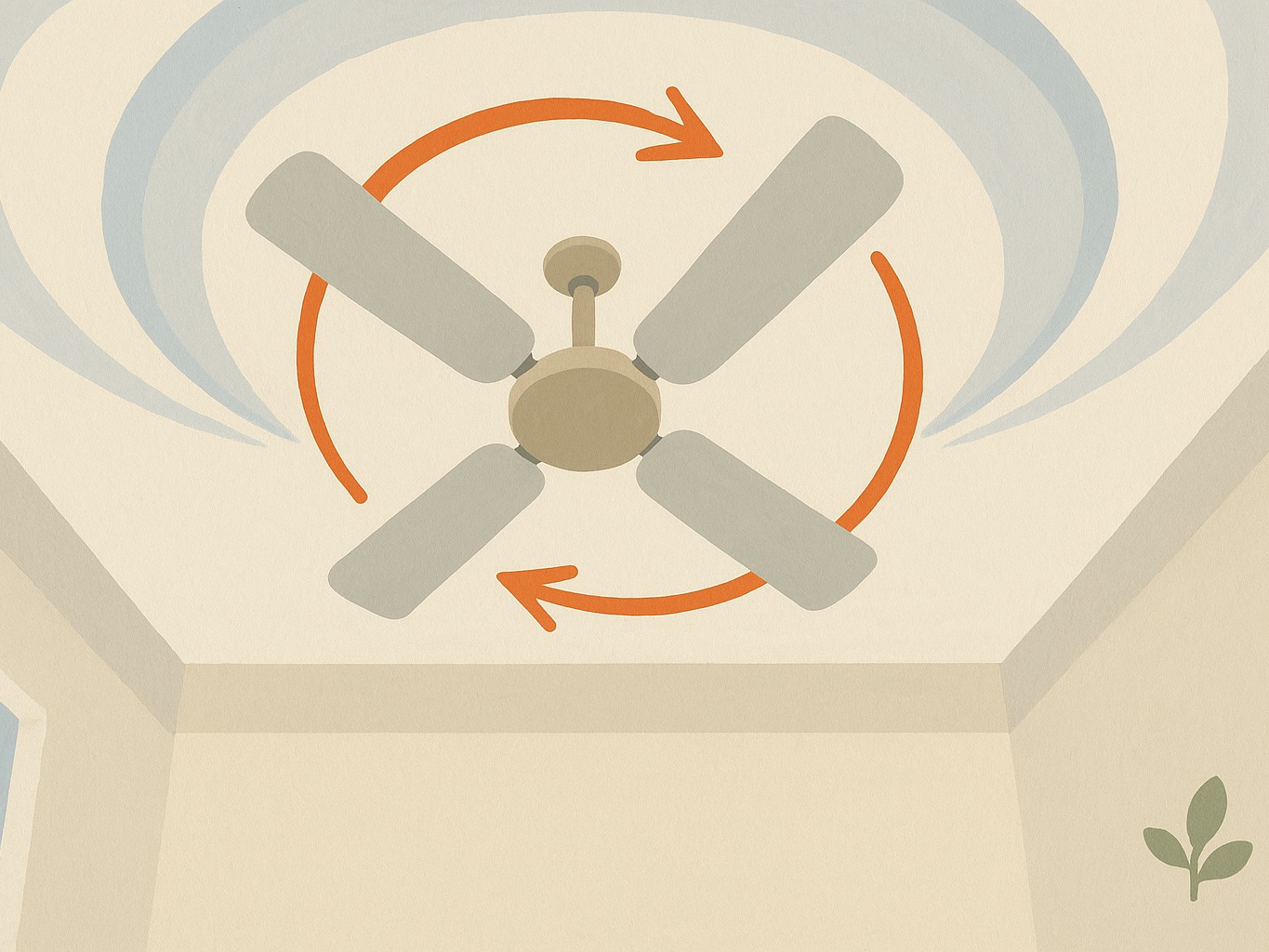 A ceiling fan viewed from below with arrows showing its blades spinning in the winter reverse direction