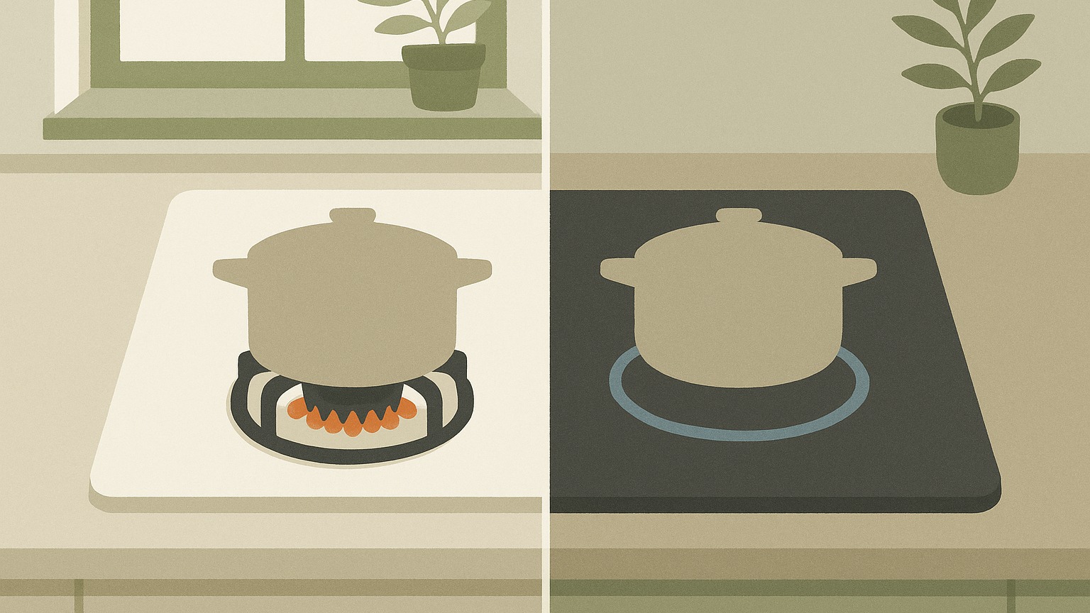 A cooktop split down the middle, one side a gas burner flame ring and the other an induction cooking zone