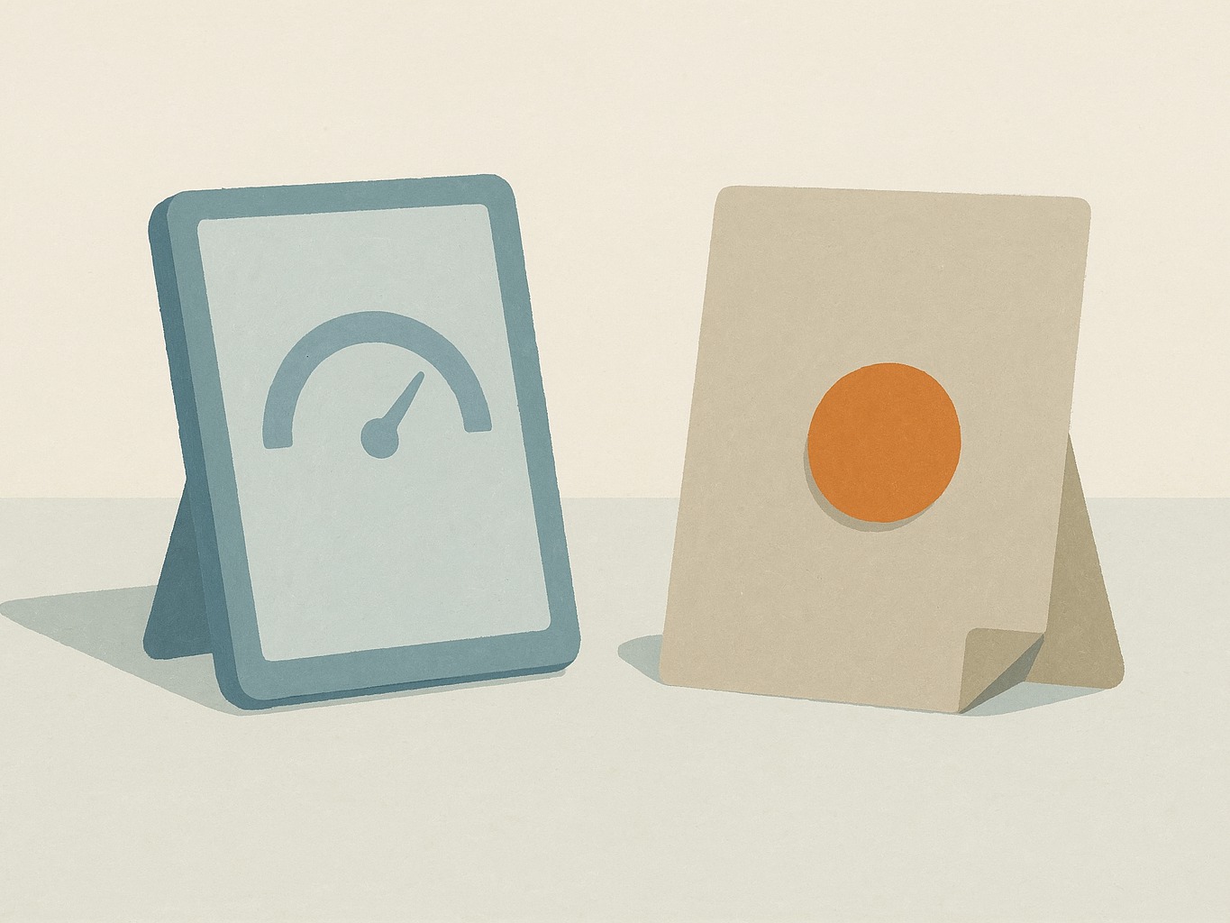 A tablet showing a simple gauge next to a folded certificate document with a circular seal