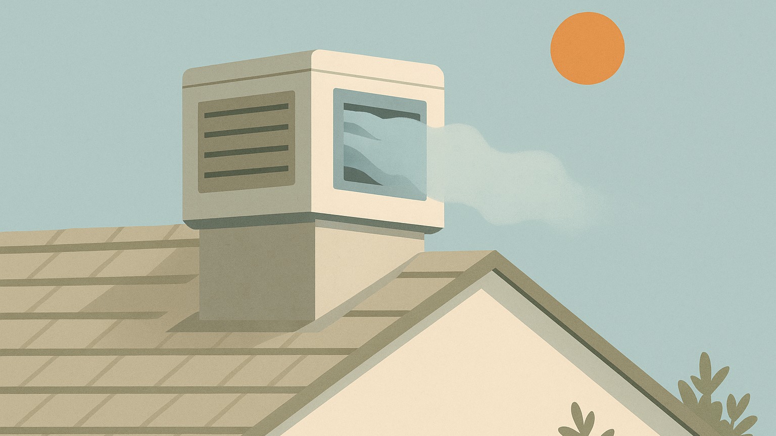 A rooftop evaporative cooling unit with a cooling mist drifting from its vents and thinning into the humid air