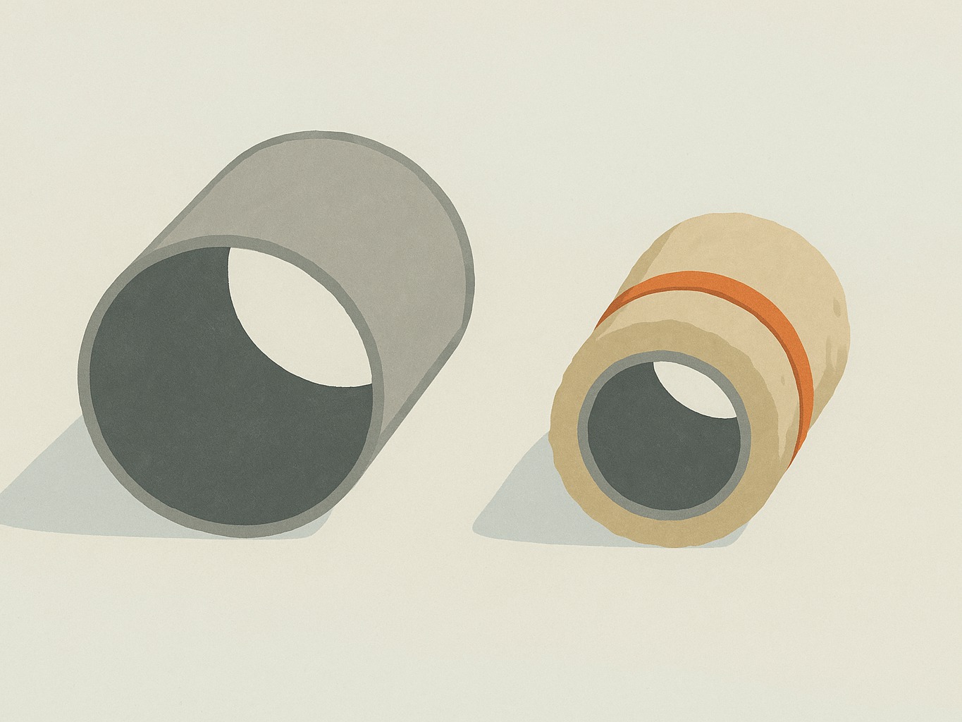 Two duct cross-sections side by side, one large and bare, one smaller and wrapped with an insulation clamp
