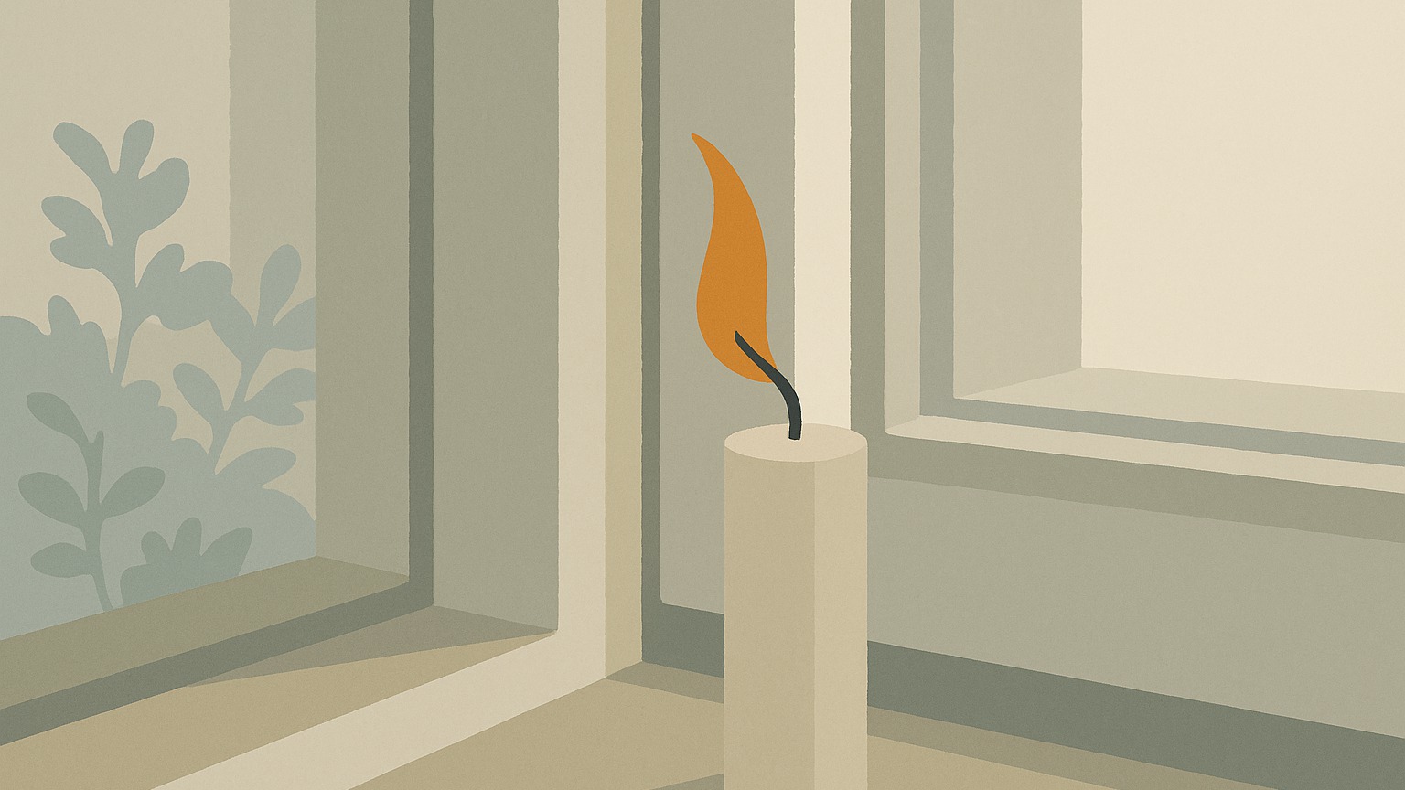 A lit candle held near a window frame with its flame bending sideways, revealing a draught