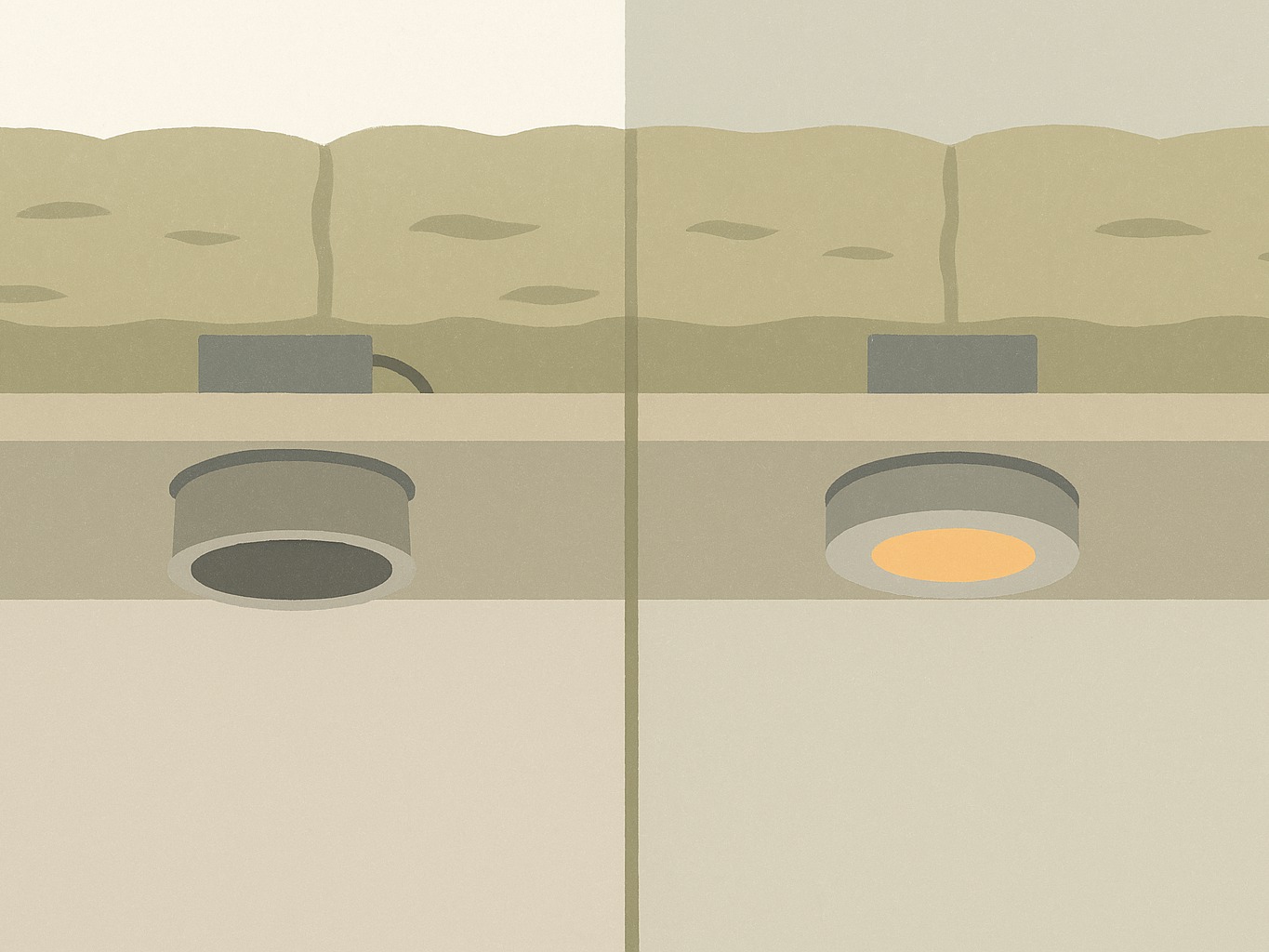 A ceiling cutaway showing an old downlight with a gap in the insulation beside a new downlight with insulation sitting flush against it