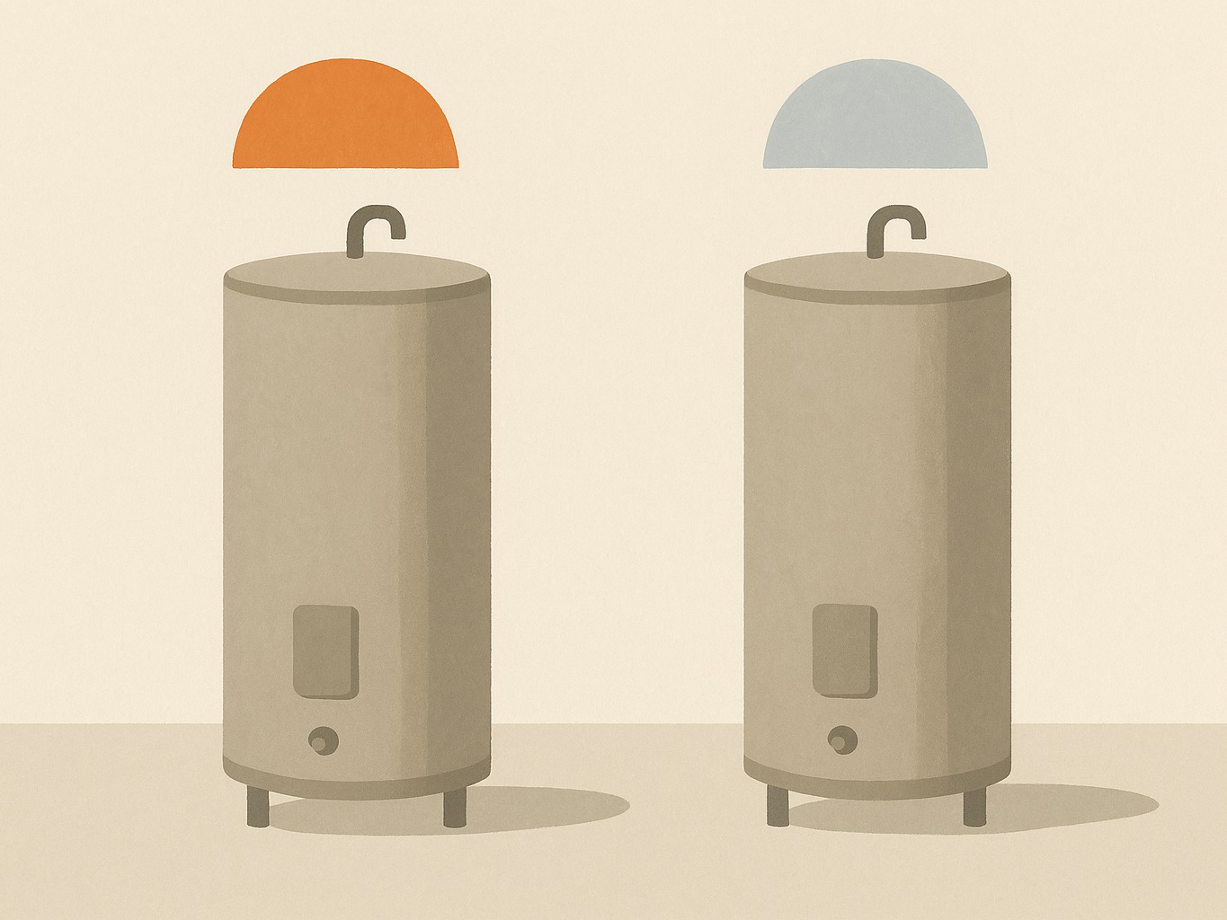 Two identical hot water cylinders side by side, one glowing under an expensive peak-time halo and one glowing under a cheap off-peak halo
