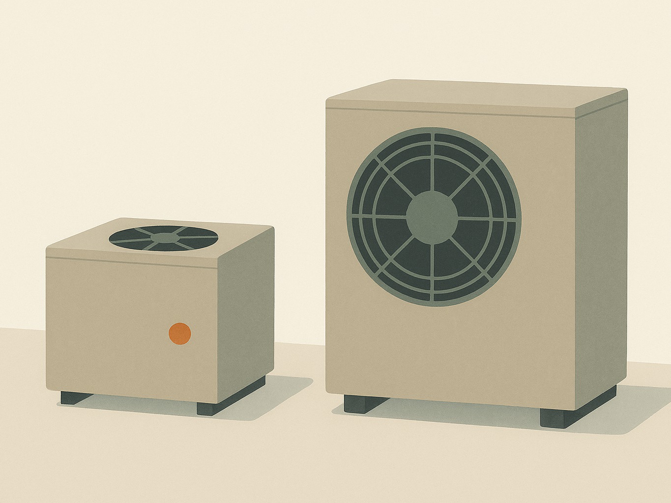 Two outdoor air conditioning condenser units side by side, one correctly sized and one noticeably larger and oversized