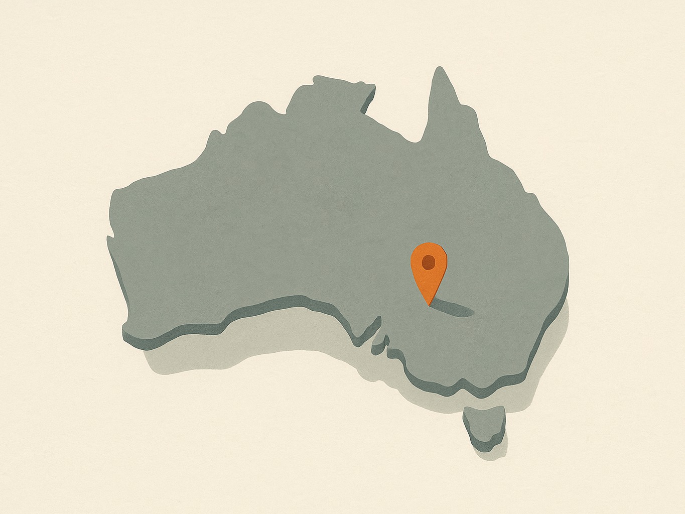 A simplified outline map of Australia with a single location pin marker