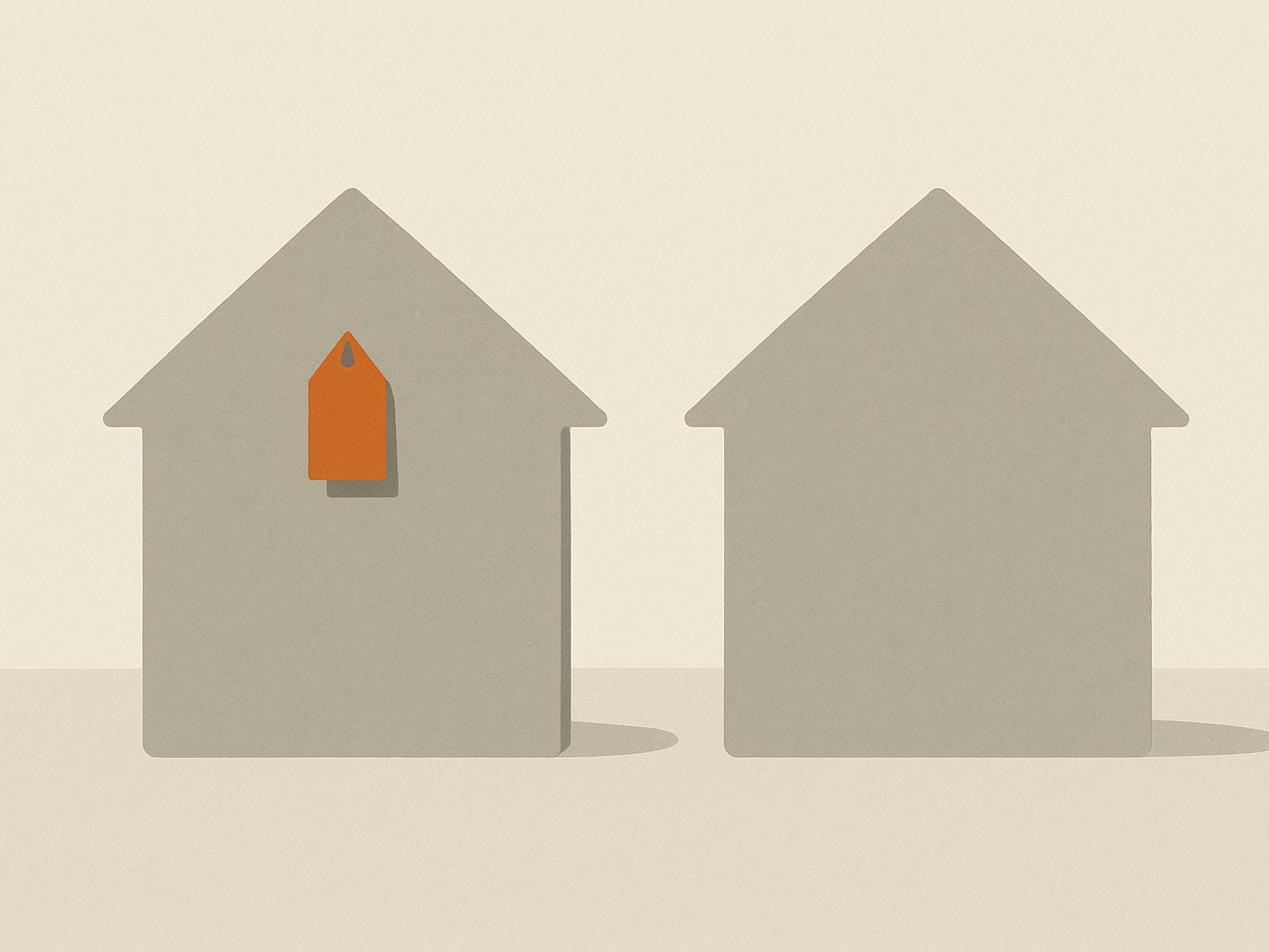 Two simple house shapes side by side, one with a small ribbon tag attached and one without
