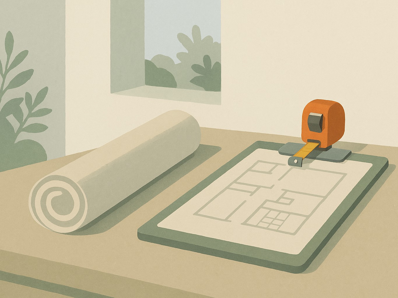 A rolled architectural plan beside a clipboard holding a site plan with a tape measure clipped to it