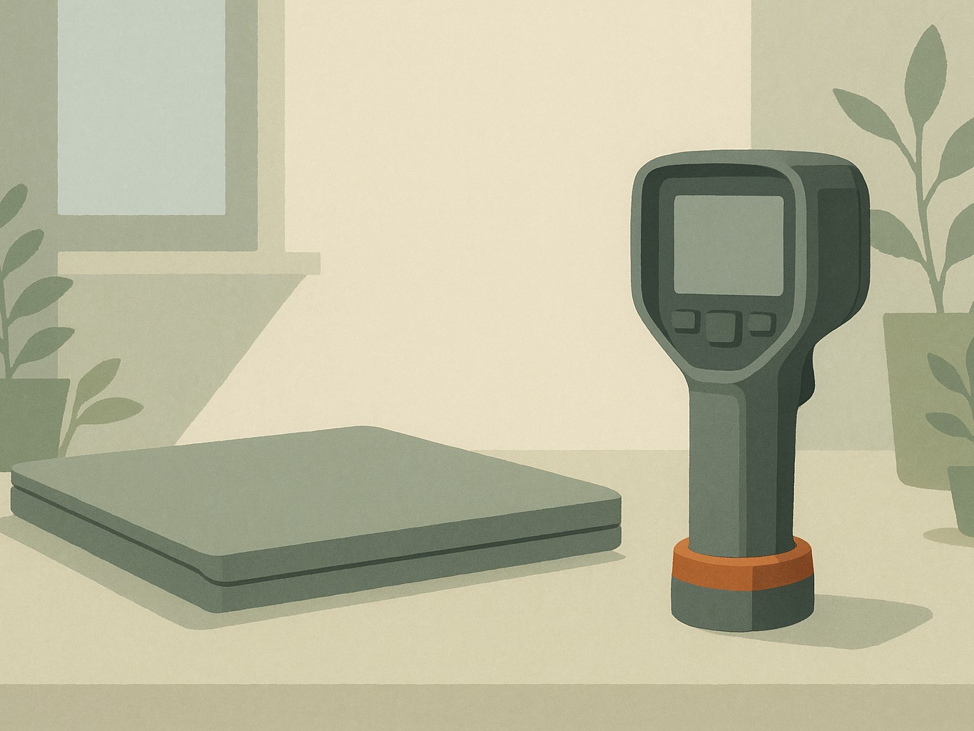 A closed laptop next to a handheld thermal imaging camera