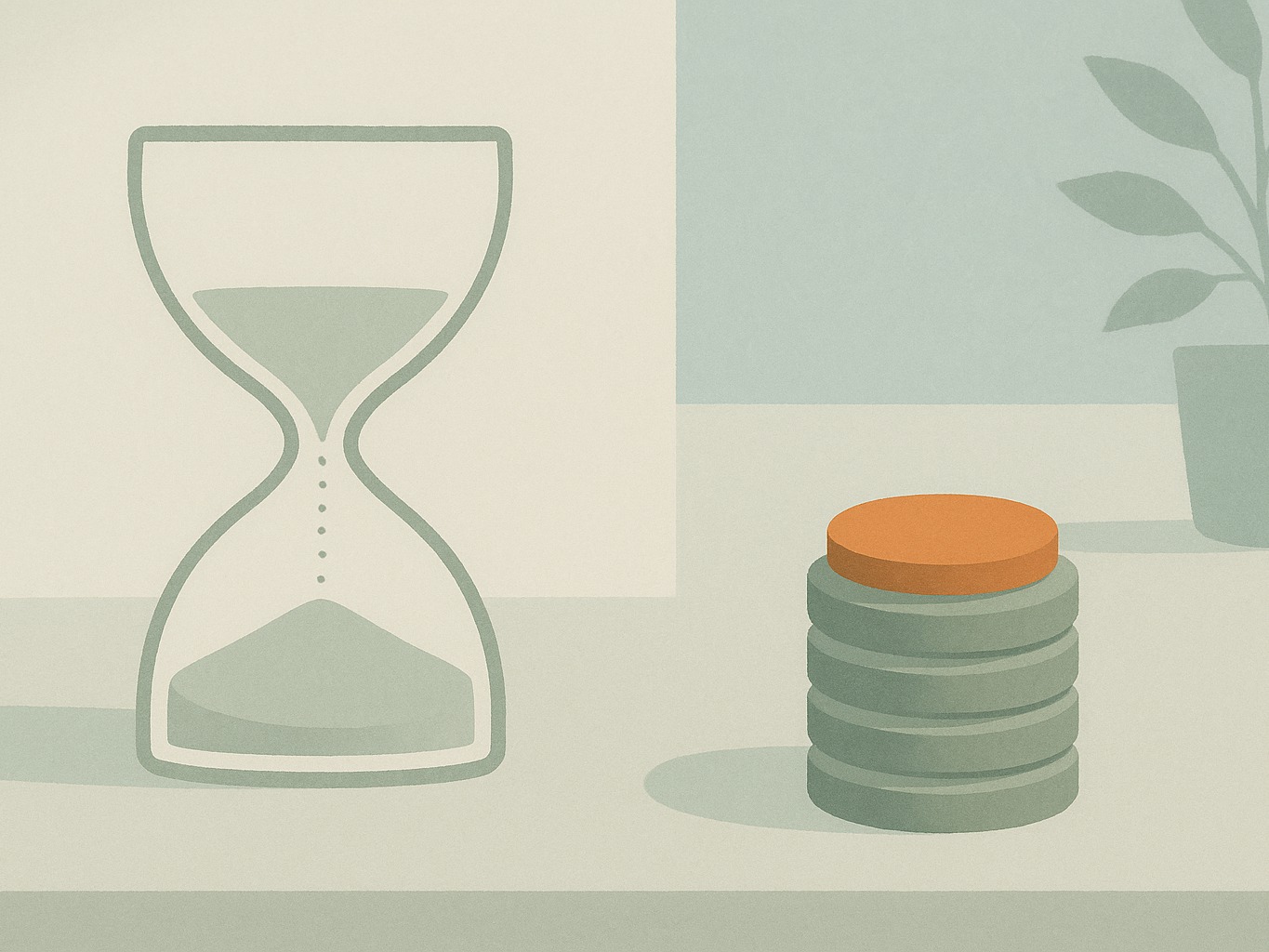 An hourglass next to a stack of coins
