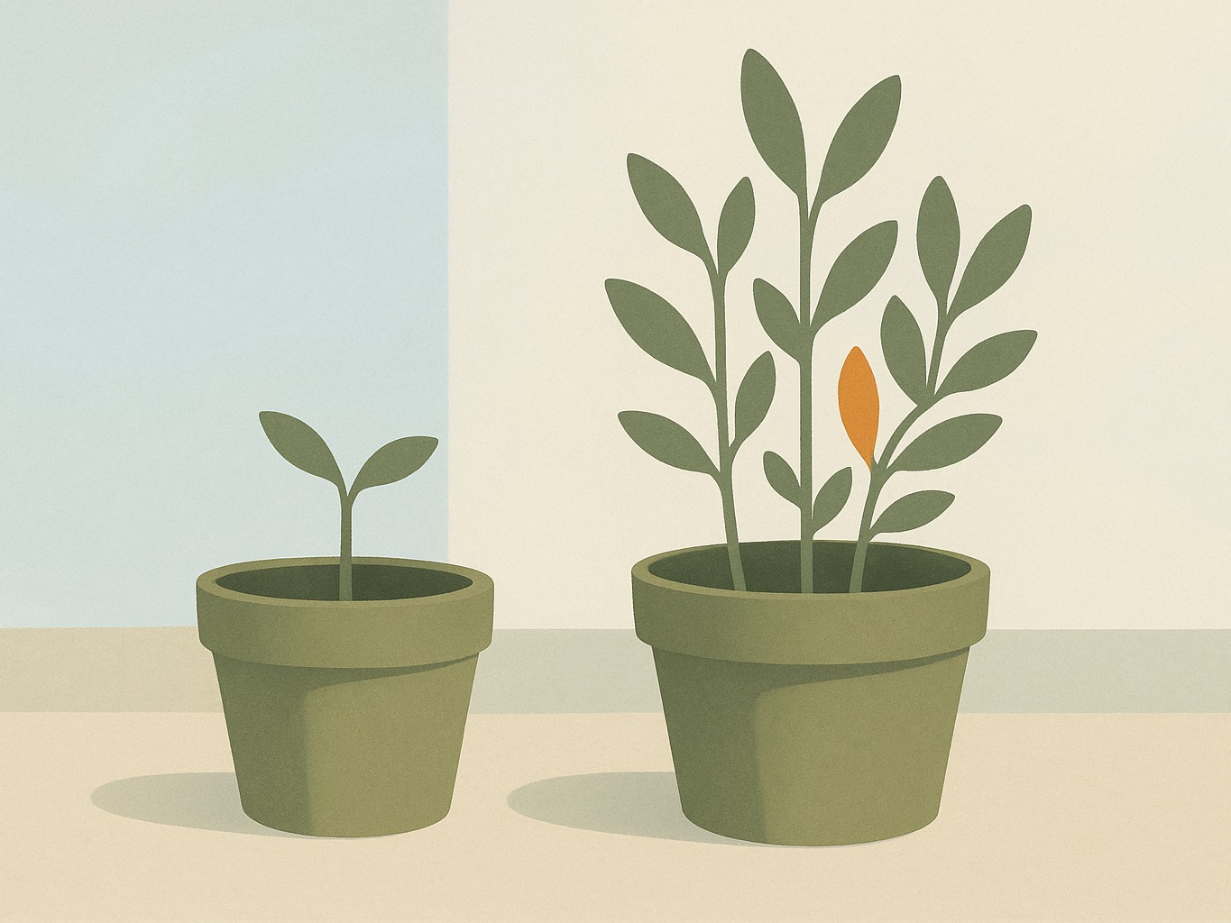 A single sprout next to a fuller cluster of sprouts in matching pots