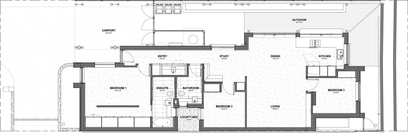Floor plan of the 10-star home: entry, study, dining, living and kitchen along the north side opening to an outdoor deck, with three bedrooms, ensuite and bathroom to the south