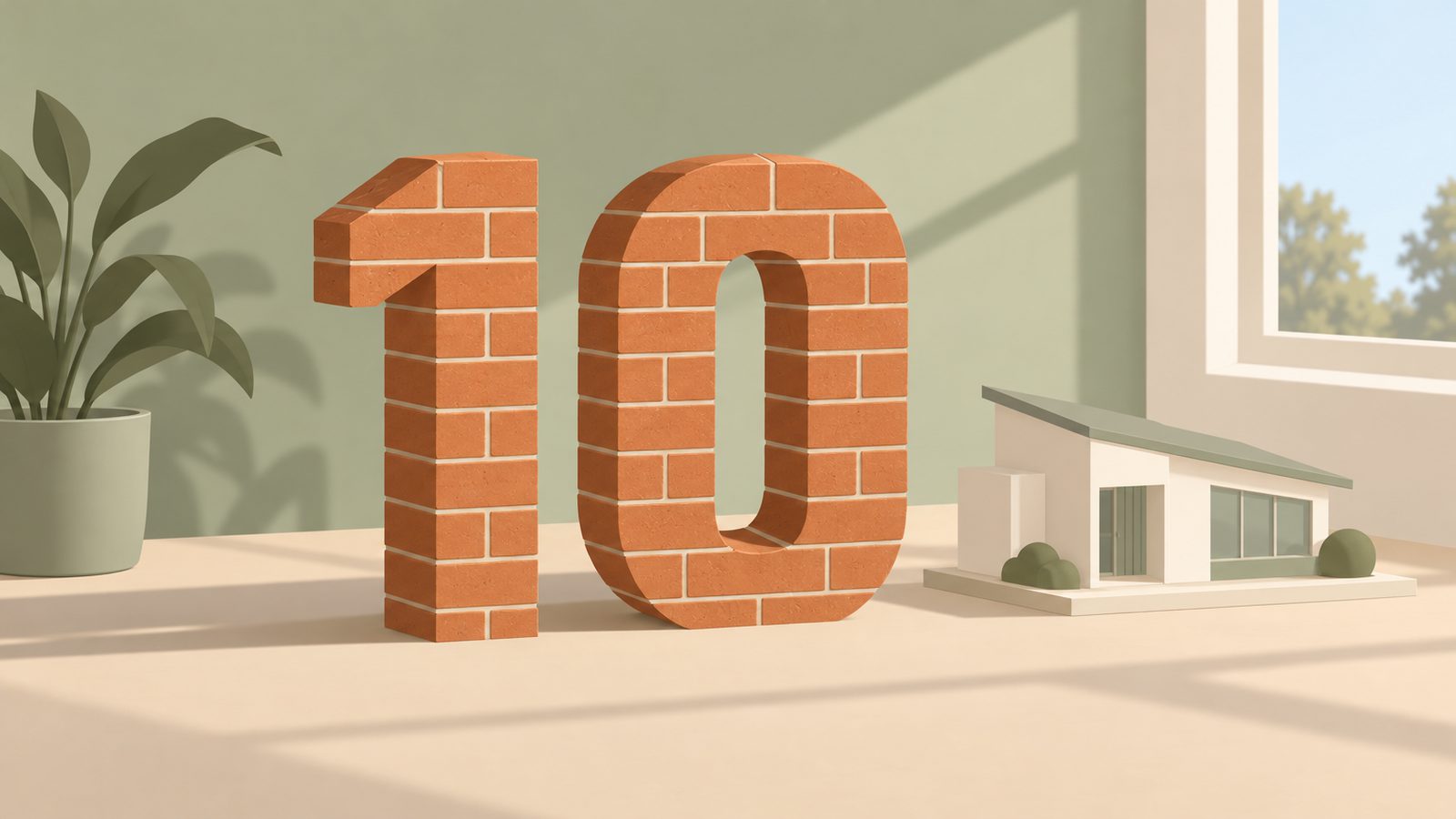 Illustration of a large number 10 built from terracotta clay bricks beside a small model of a modern house with a sloping roof