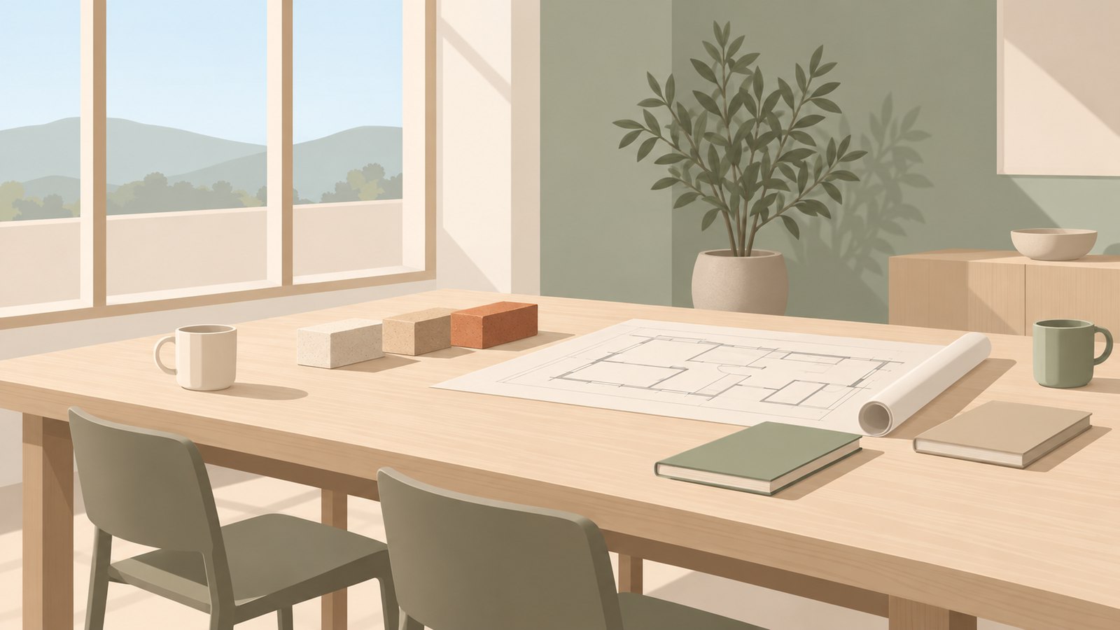 Illustration of a workshop table with sample clay bricks, one terracotta, beside an unrolled floor plan and notebooks