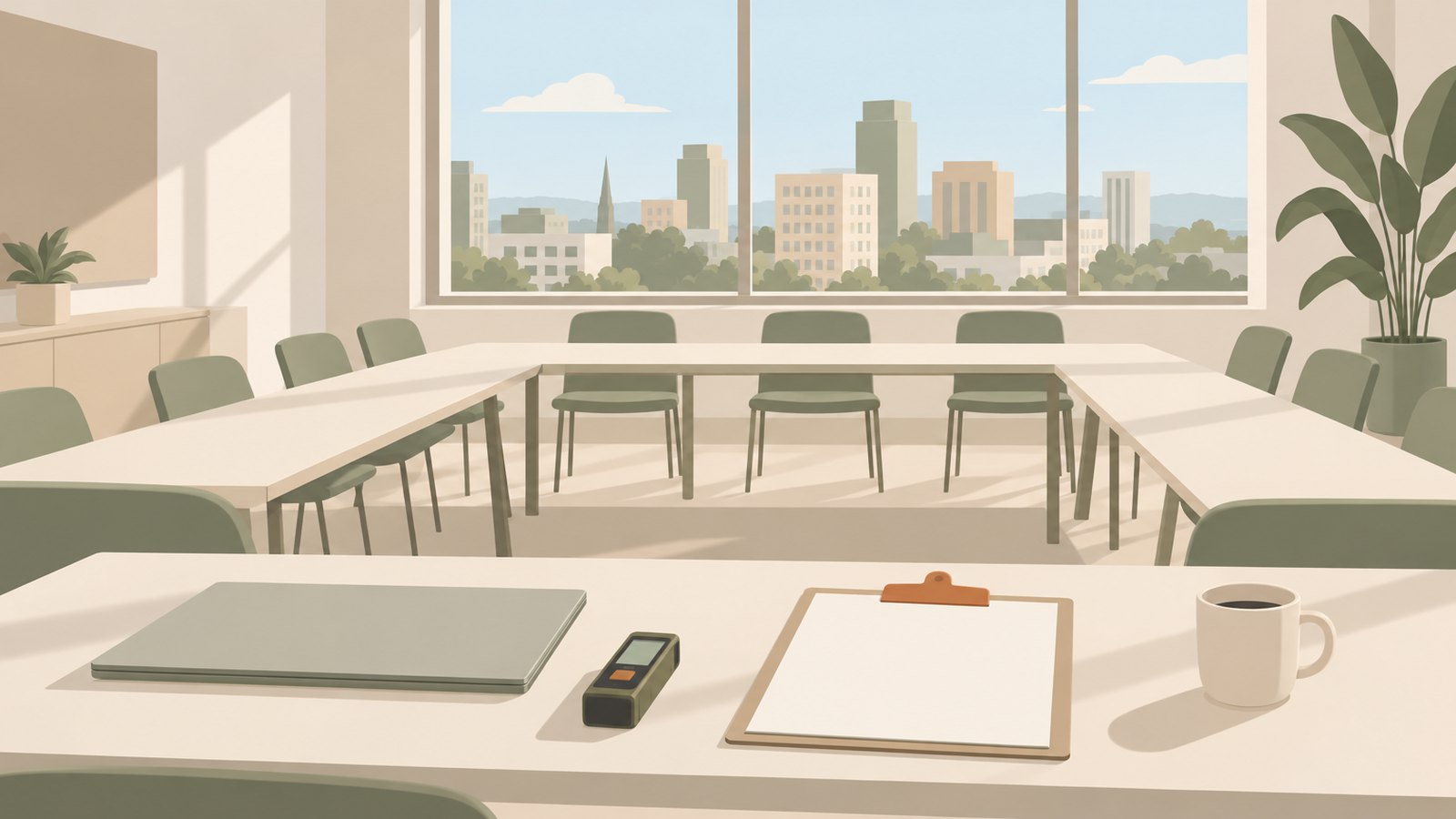 Illustration of an empty workshop room with chairs in a U-shape, a laser measure and clipboard on the table and a city skyline through the window