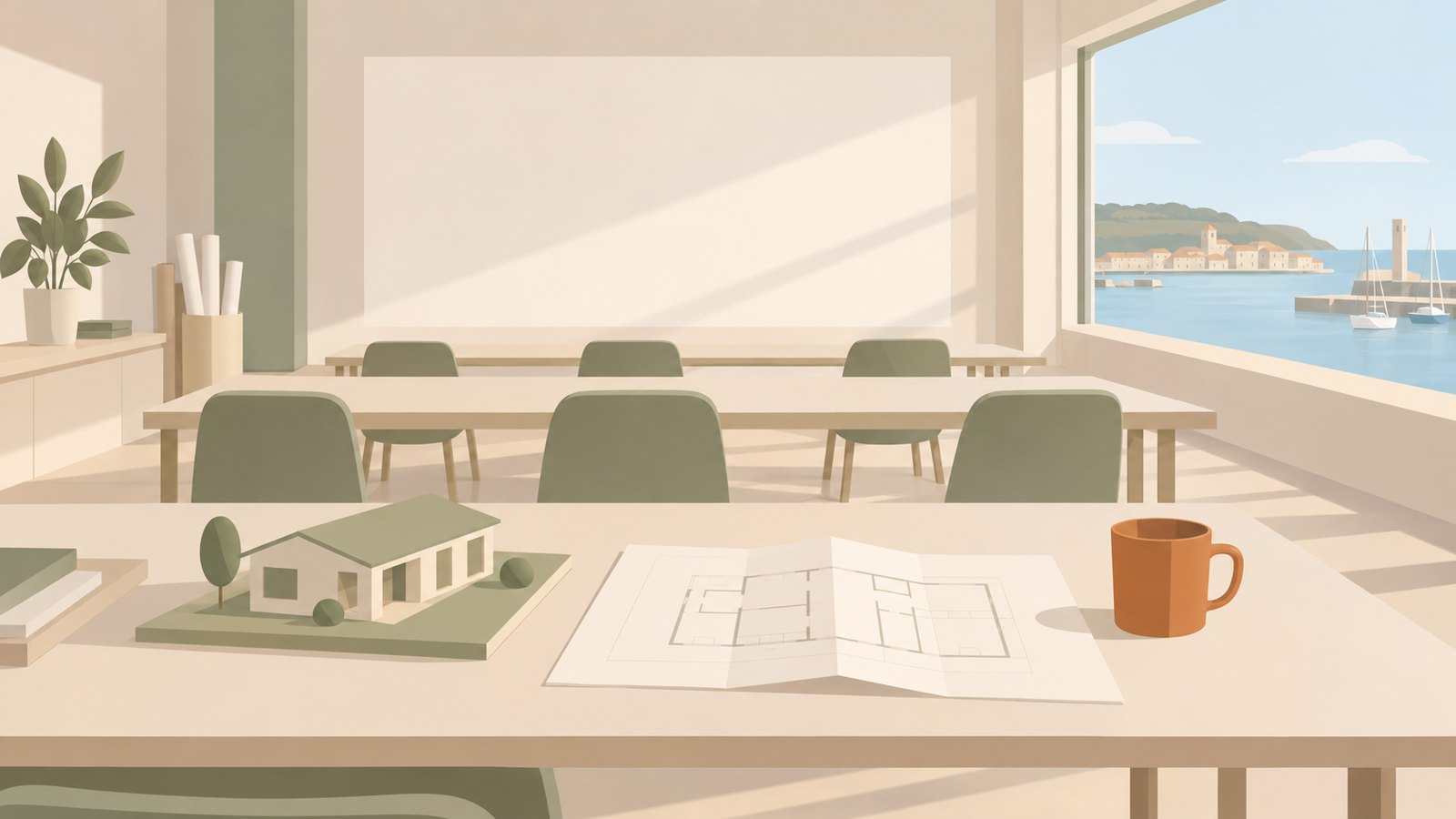 Illustration of a bright workshop room with a model house and floor plan on the front table and a harbour view through the window