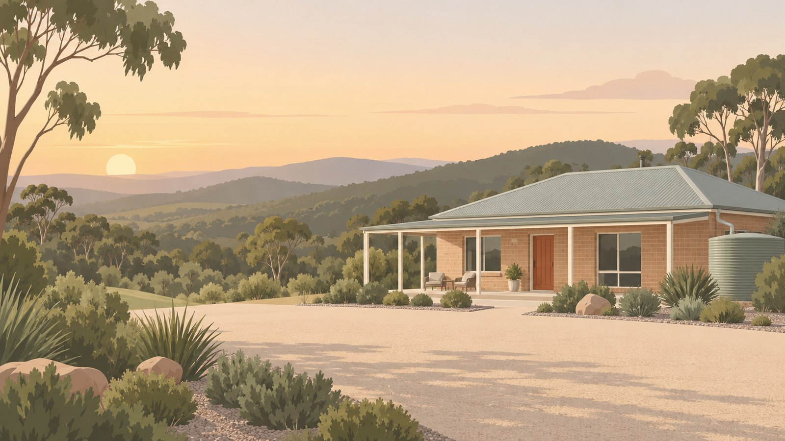 Illustration of a tidy brick home with a veranda and water tank on a cleared yard, with eucalypt hills at golden hour