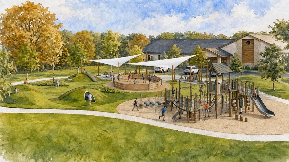 Watercolor rendering of the planned Legacy Park playground at the new campus