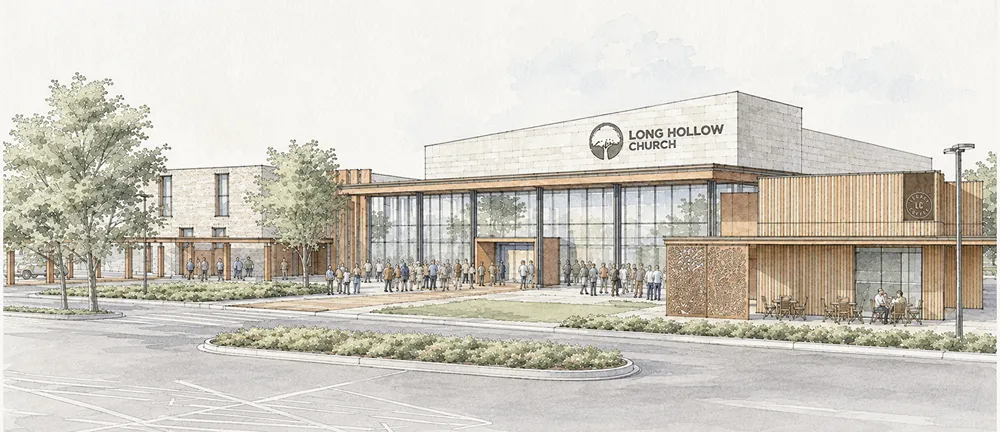 Exterior rendering of the new Long Hollow Church building with a crowd gathering at the entrance