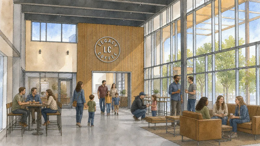 Rendering of the Legacy Coffee cafe and lounge with people gathering
