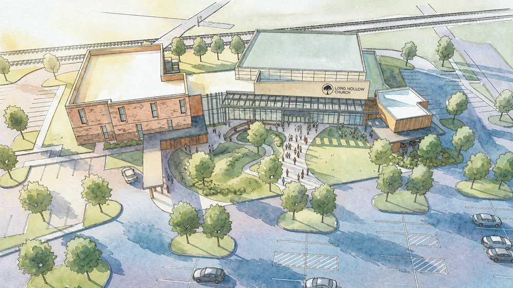 Aerial rendering of the new Long Hollow Church campus with a central courtyard and pathways
