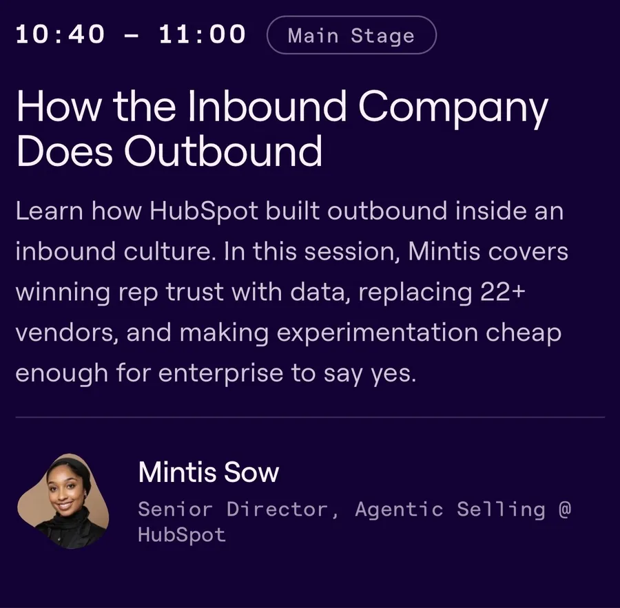 Sculpt by Clay session card: How the Inbound Company Does Outbound, Mintis Sow, main stage