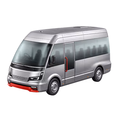 Vue en perspective d'un minibus gris argenté avec des sièges visibles à l'intérieur et une poignée de porte rouge, sur fond transparent.