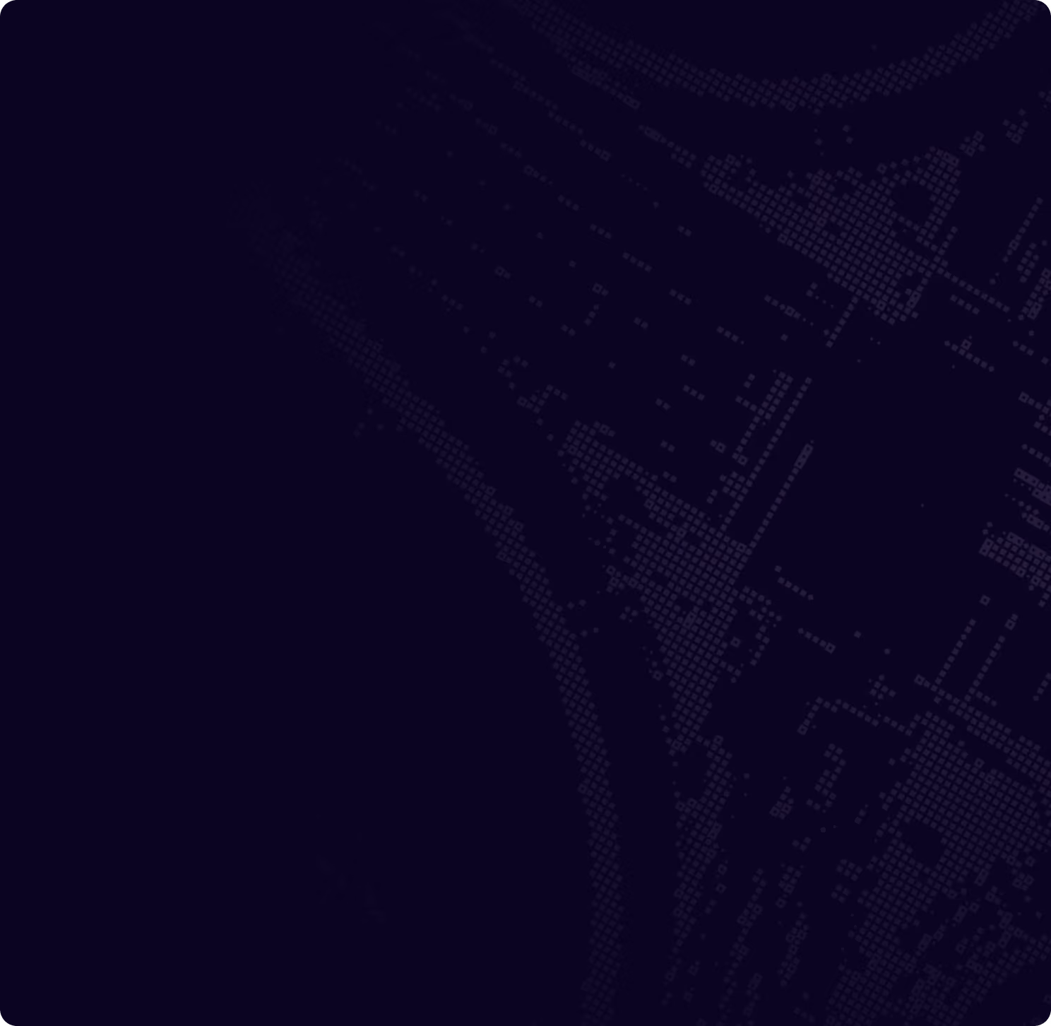 Carte sombre et stylisée composée de petits carrés formant des contours flous d'un réseau routier ou urbain abstrait sur un fond noir.