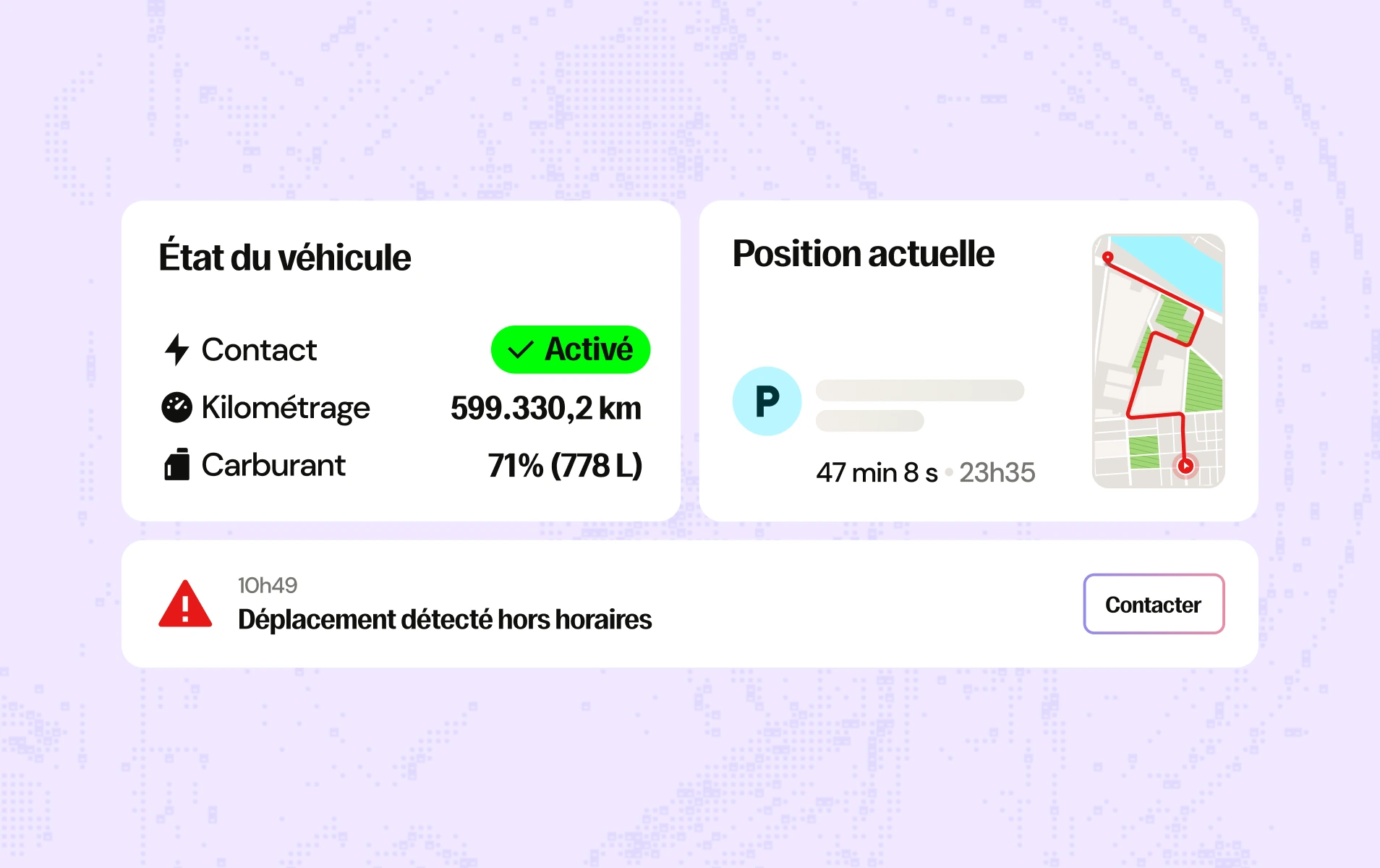 Tableau d'état du véhicule indiquant contact activé, kilométrage à 599 330,2 km, carburant à 71% (778 litres), position actuelle du véhicule affichée sur une carte avec un trajet en rouge, et une alerte indiquant un déplacement détecté hors horaires à 10h49, avec un bouton Contacter.