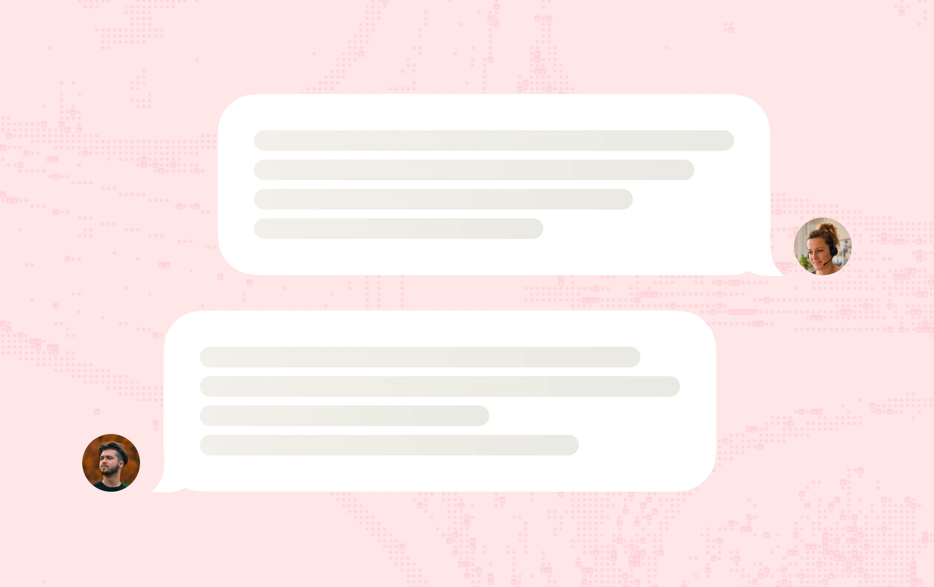 Illustration de deux bulles de dialogue blanches sur fond rose, représentant une conversation en ligne entre une femme portant un casque avec micro et un homme avec barbe et cheveux foncés.
