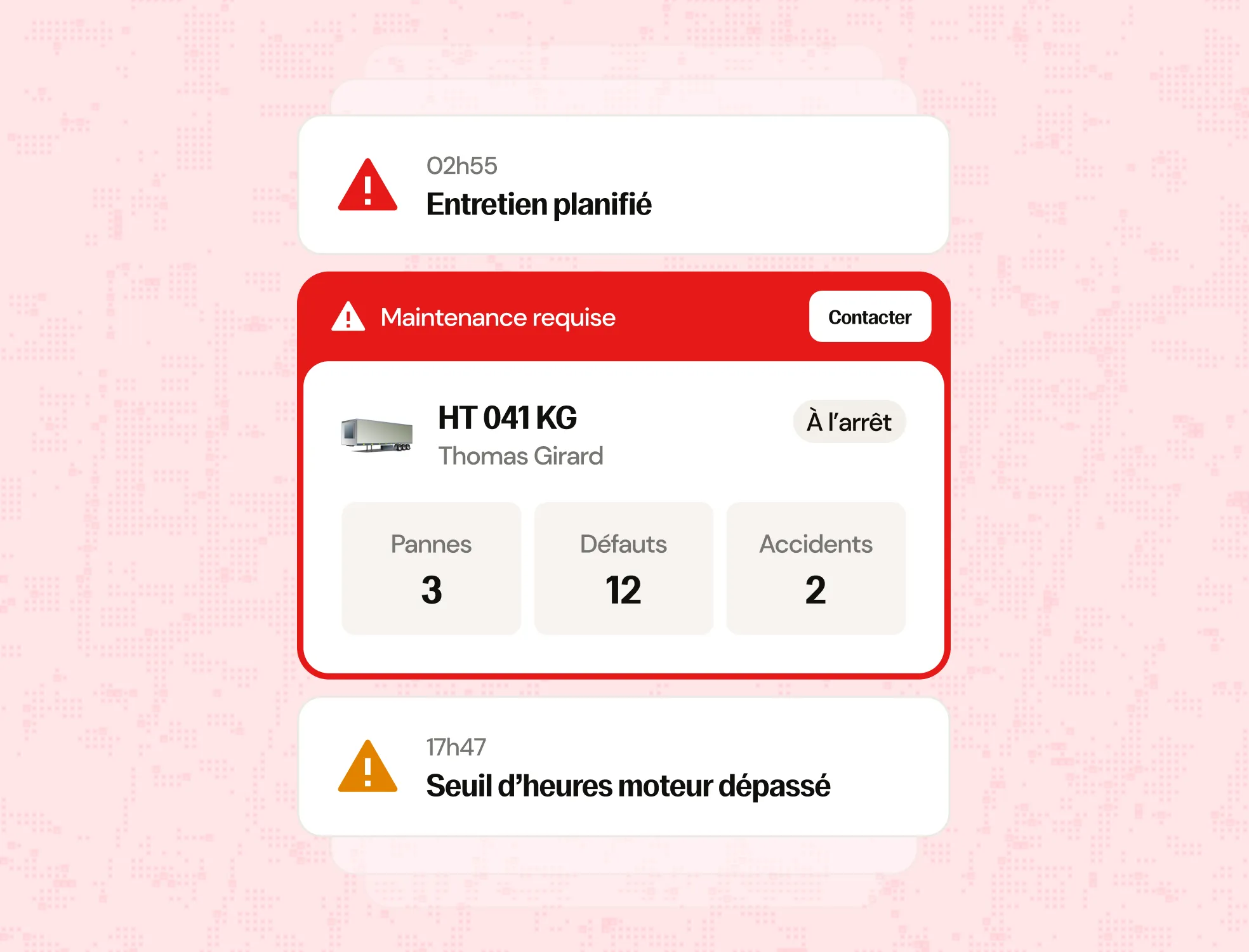 Alerte de défaut de témoin de freinage à 02h55 avec icône rouge d'avertissement, tableau de maintenance requise pour HT 041 KG Carton Fred avec statut à l'arrêt, affichant 3 pannes, 12 défauts, et 2 accidents, bouton Contacter, et alerte d'incident de nid-de-poule enregistrée à 17h47 avec icône d'avertissement orange.