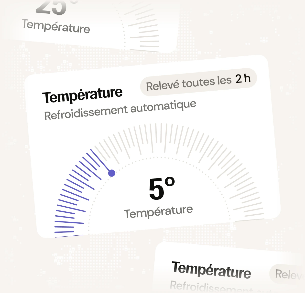 Indicateur de température montrant 5 degrés avec un refroidissement automatique et une mise à jour toutes les 2 heures.