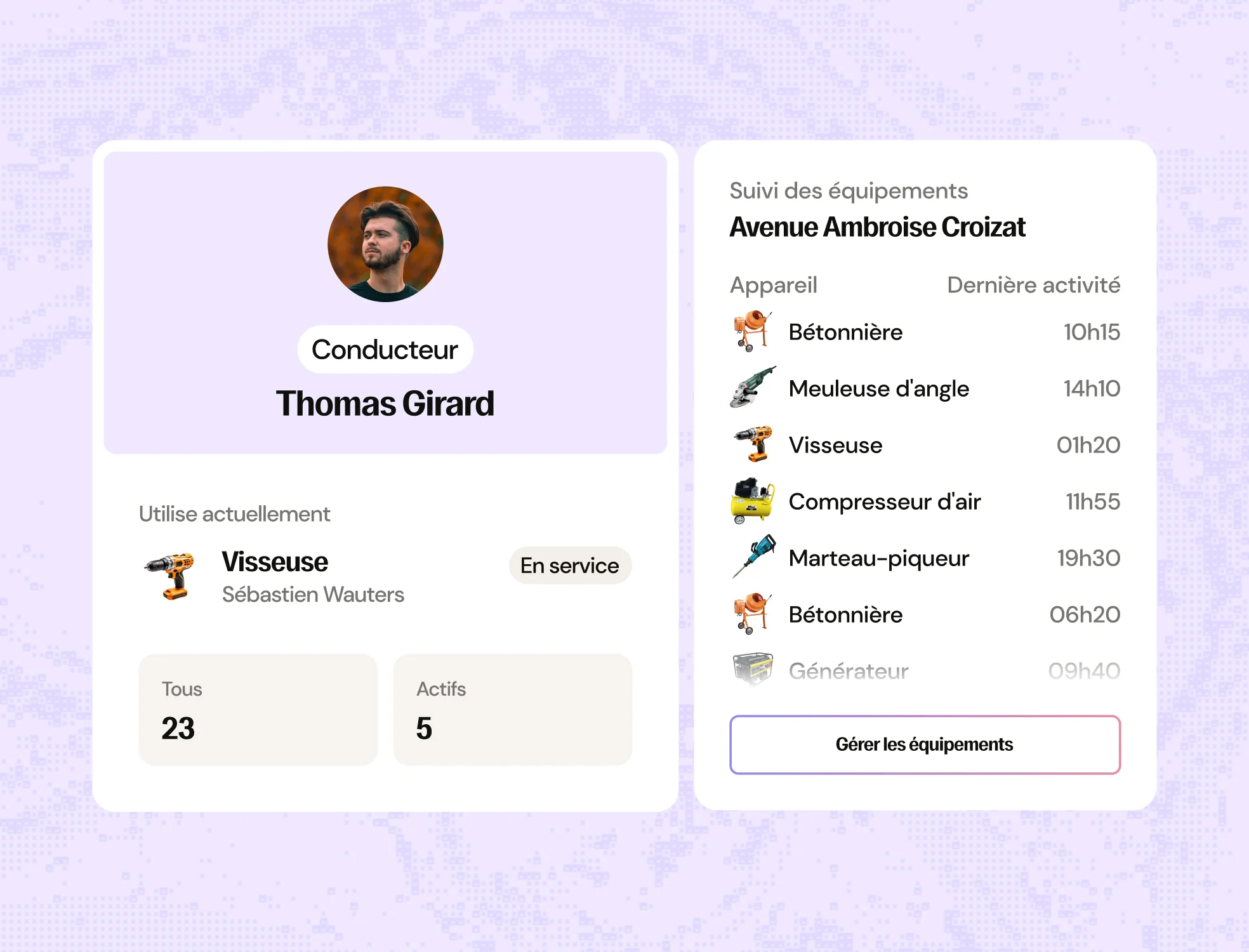 Profil de Thomas Girard, conducteur, avec sa photo, utilisant actuellement une visseuse attribuée à Sébastien Wauters, marquée comme en service. Sur la droite, suivi des équipements à l'Avenue Ambroise Croizat avec liste d'appareils et dernière heure d'activité, incluant bétonnières, meuleuse d'angle, visseuse, compresseur d'air, marteau-piqueur et générateur. Statistiques indiquent 23 équipements au total et 5 actifs. Bouton pour gérer les équipements en bas à droite.
