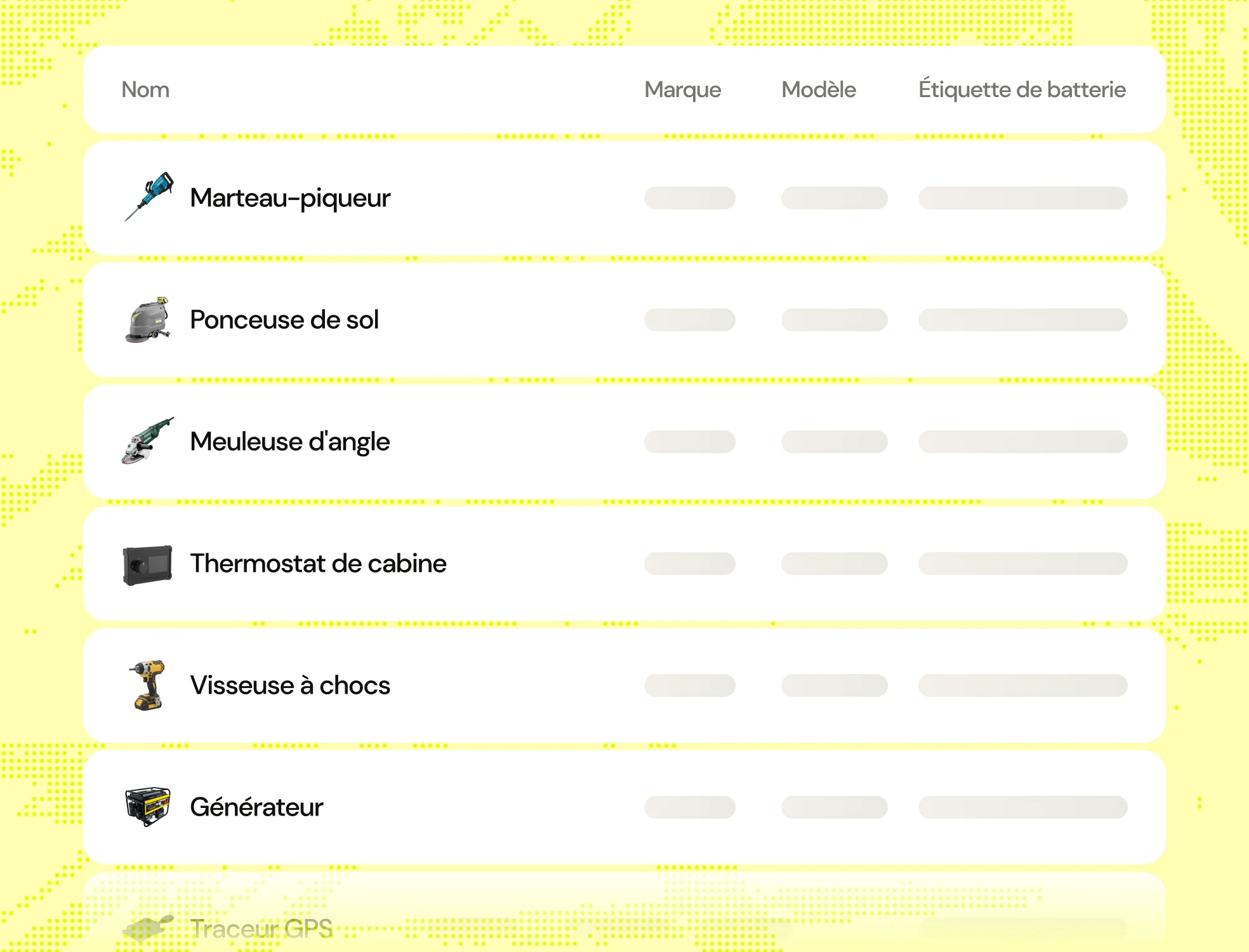 Tableau listant des outils avec leurs noms et colonnes pour marque, modèle, et étiquette de batterie, sur fond jaune avec motifs : marteau-piqueur, ponceuse de sol, meuleuse d'angle, thermostat de cabine, visseuse à chocs, générateur.