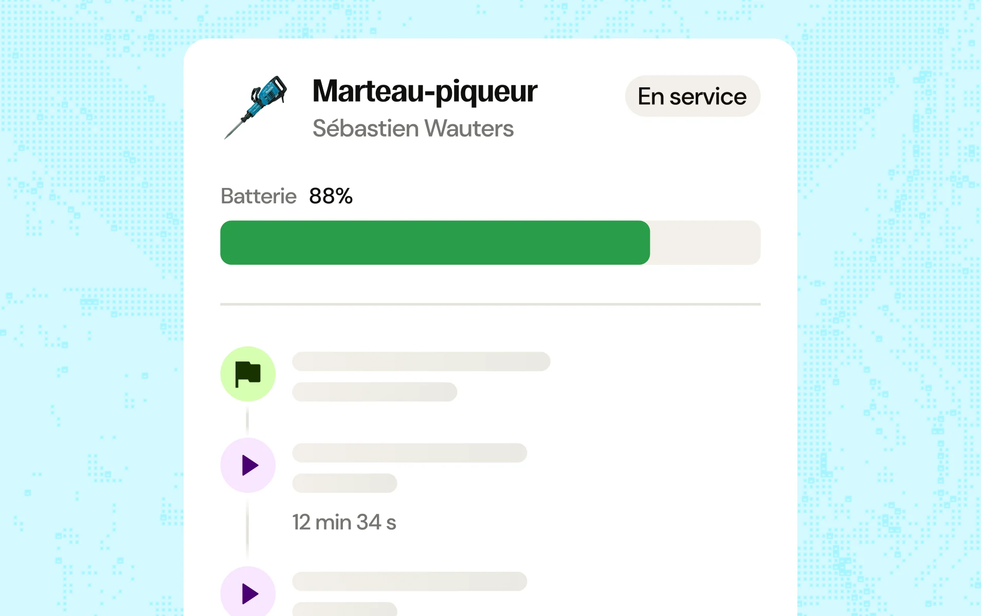 Écran d'interface montrant un marteau-piqueur en service attribué à Sébastien Wauters avec une batterie à 88 % indiquée par une barre verte remplie. Deux icônes de lecture sont visibles avec un temps de 12 minutes et 34 secondes affiché sous la première.