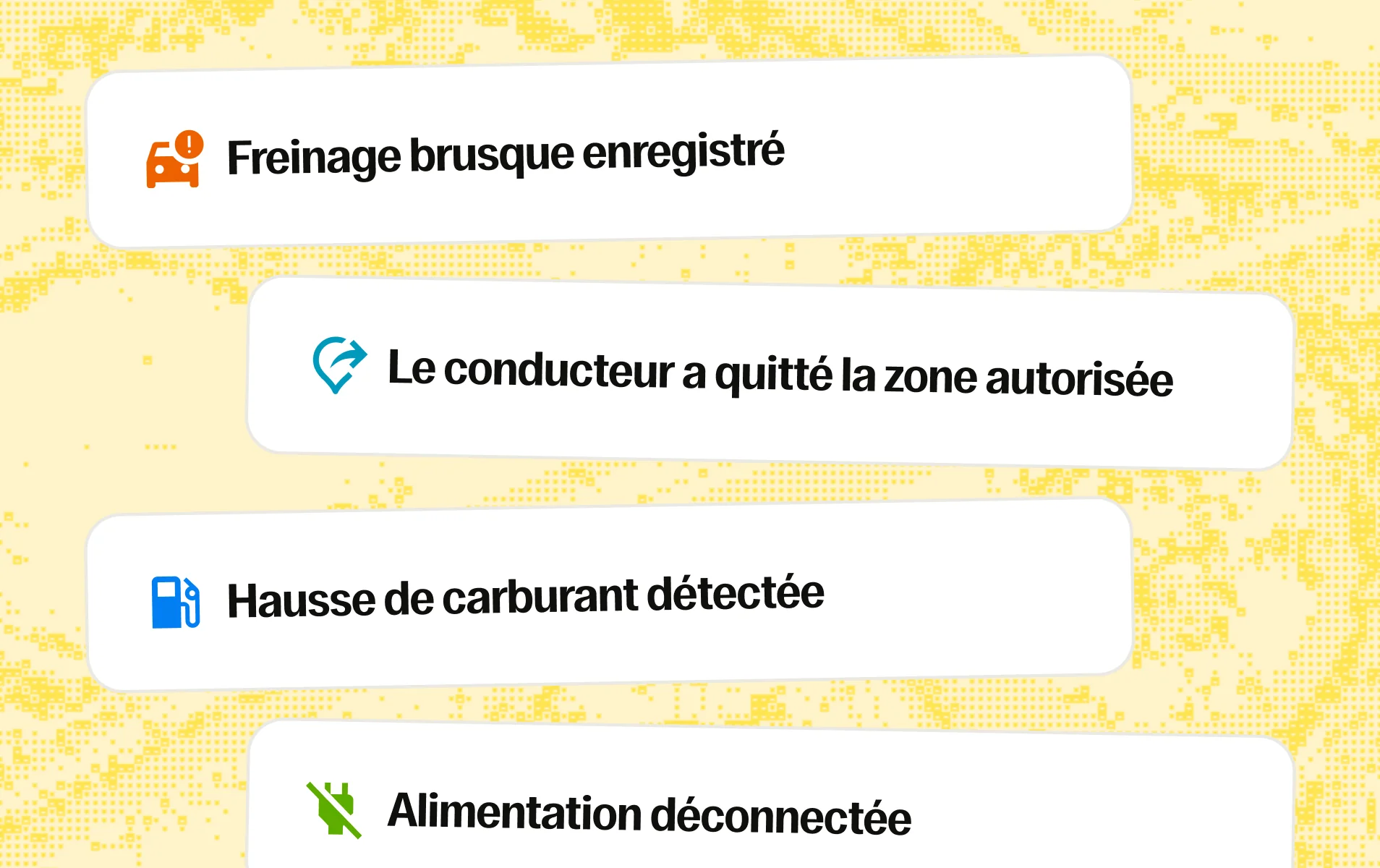 Quatre alertes avec icônes et texte en français sur fond jaune à motifs : freinage brusque enregistré avec une icône de voiture orange, le conducteur a quitté la zone autorisée avec une flèche bleue, hausse de carburant détectée avec une pompe à essence bleue, alimentation déconnectée avec une prise électrique verte barrée.