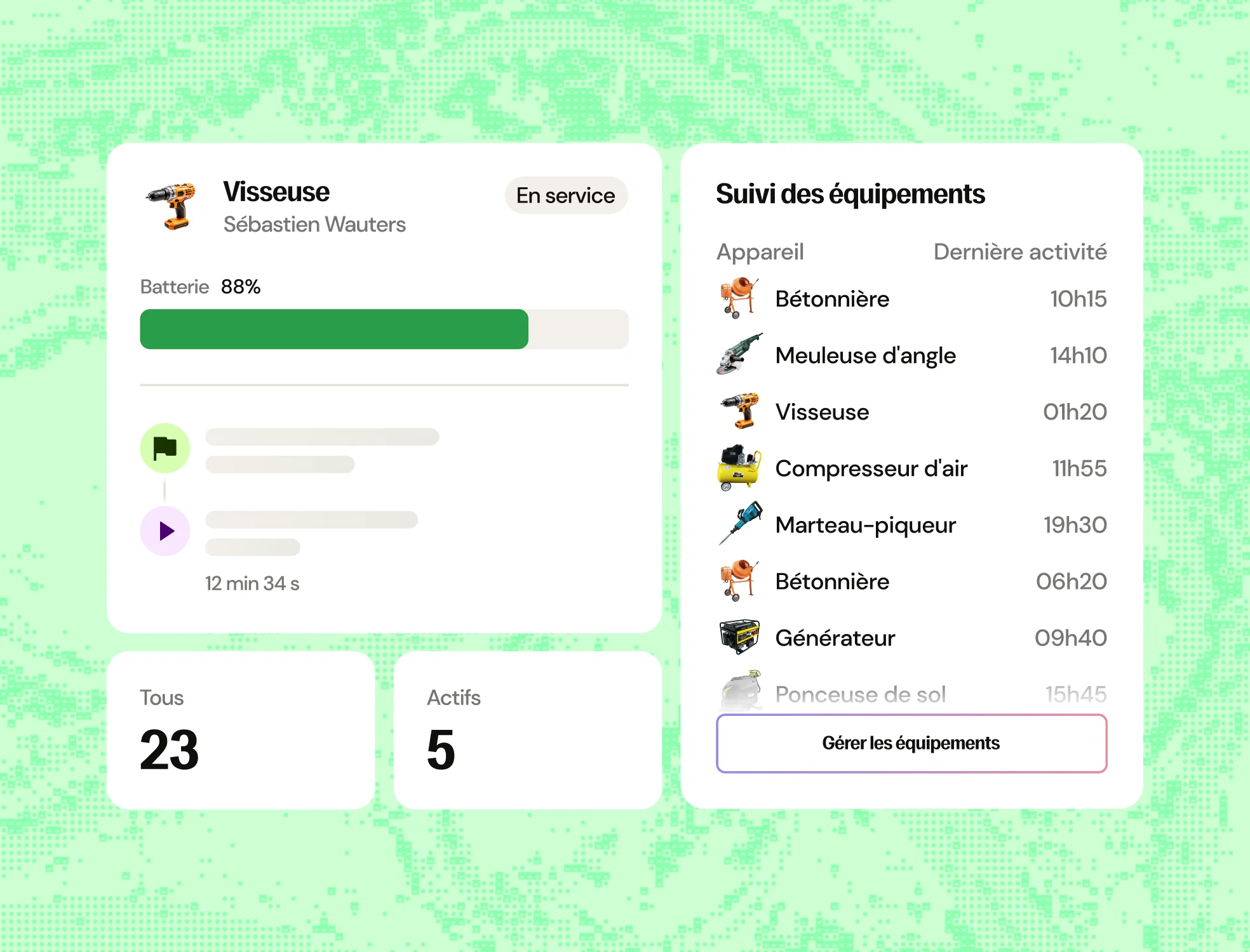 Interface de suivi d'équipement montrant une visseuse en service avec 88 % de batterie et un utilisateur nommé Sébastien Wauters, ainsi qu'une liste d'appareils avec leur dernière activité et un bouton pour gérer les équipements. Les compteurs indiquent 23 équipements au total, dont 5 actifs.